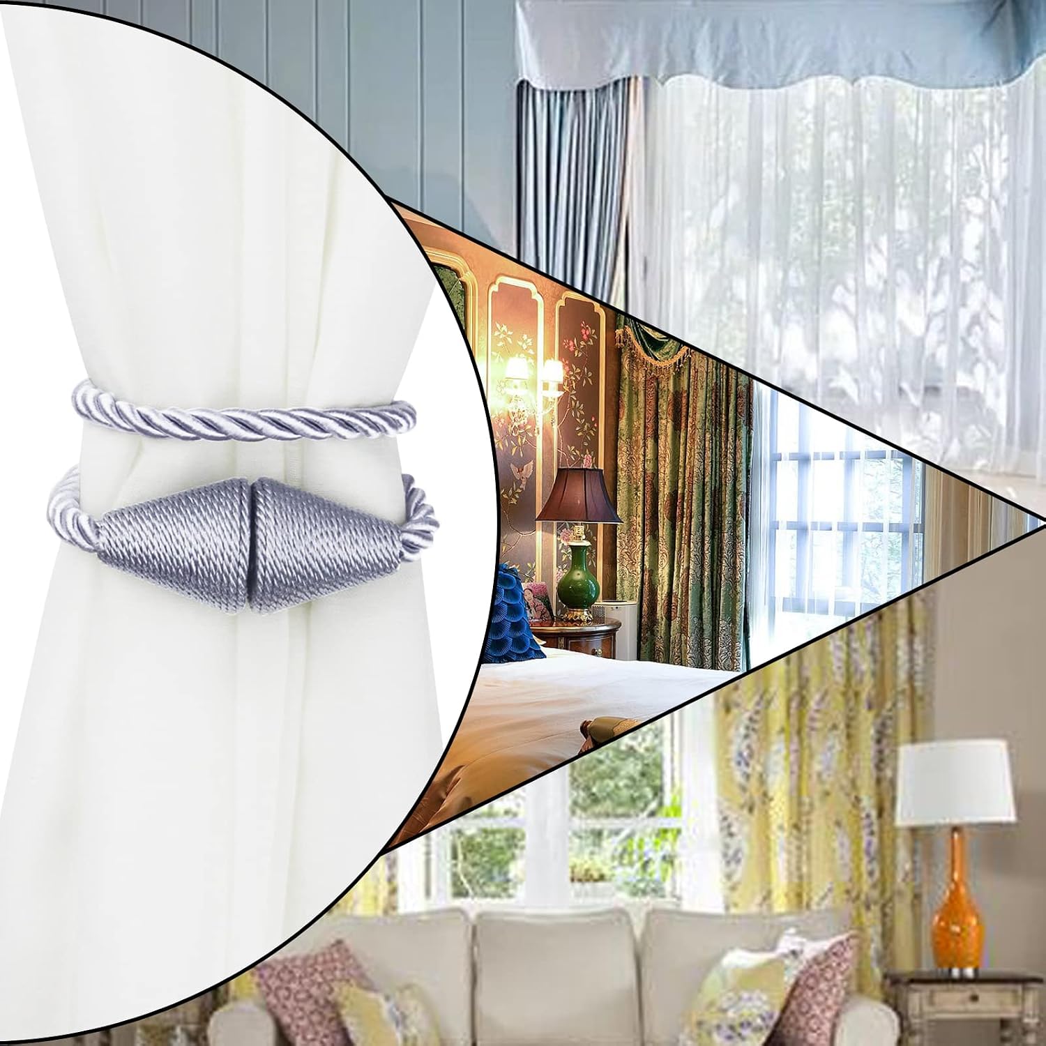Magnetic Curtain Tiebacks Rope Decorative Holdbacks for Drapes Nieffeiy | 6 Pack Grey Modern Handmade Curtain Tie Backs