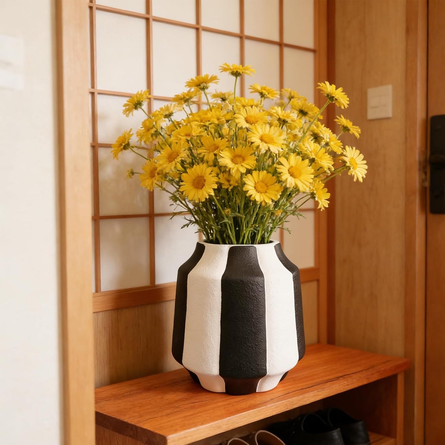 White Striped Ceramic Vase / Black
