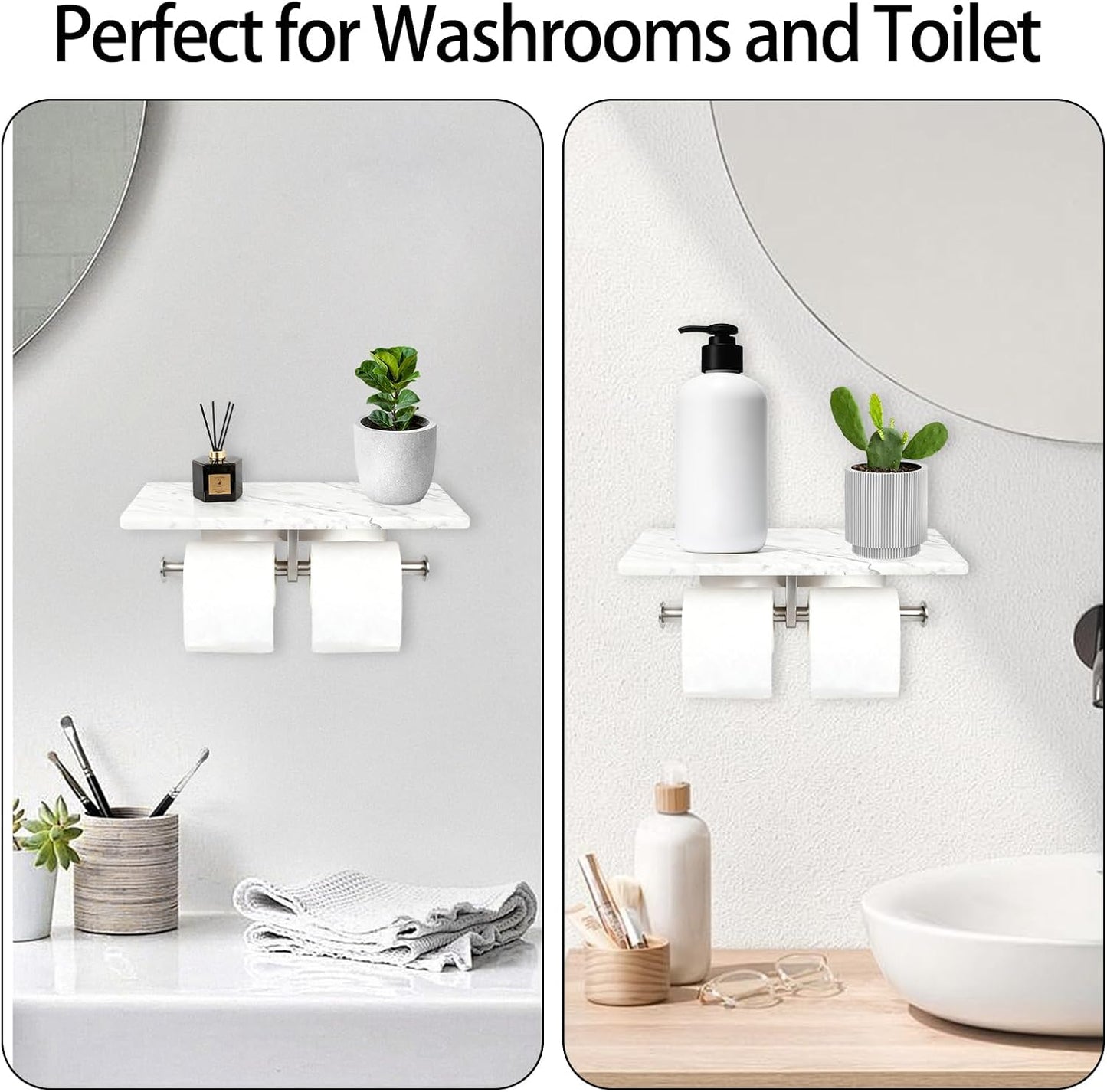 Toilet Paper Holder with Natural Marble Shelf for Bathroom Washroom,Wall Mounted Tissue Holder Suitable for Mega Roll