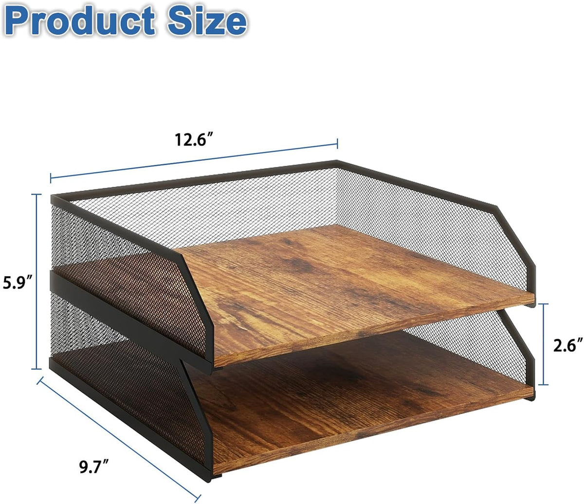 Natwind 2-Tier Stackable Metal Mesh Paper Tray Organizer,Retro | Wooden Desk Organizer, Letter Tray For Desktop,File