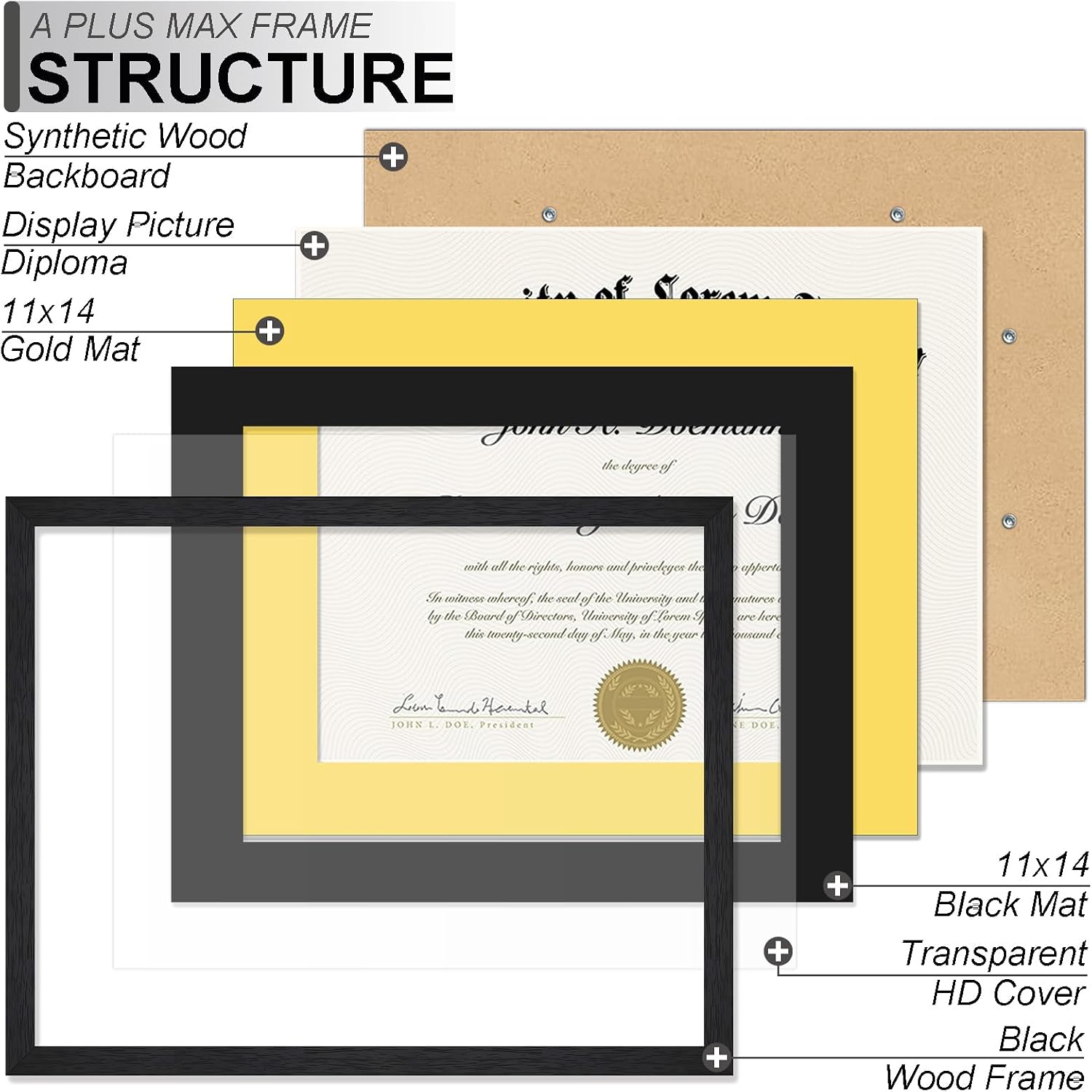 Black 11x14 Diploma Frame Set of 3 Display 8.5x11 Certificate with Mat | Black Wood-grain Document Frame with