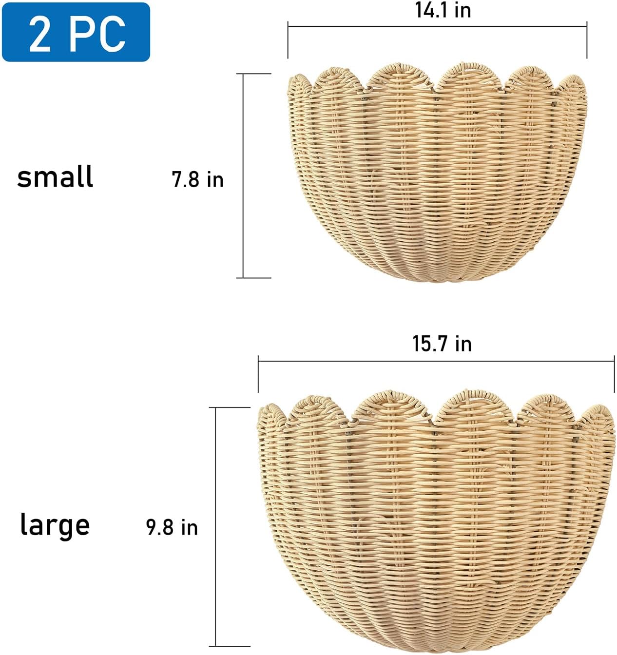Scalloped Hanging Wicker Baskets / Beige / S+M / Set of 2