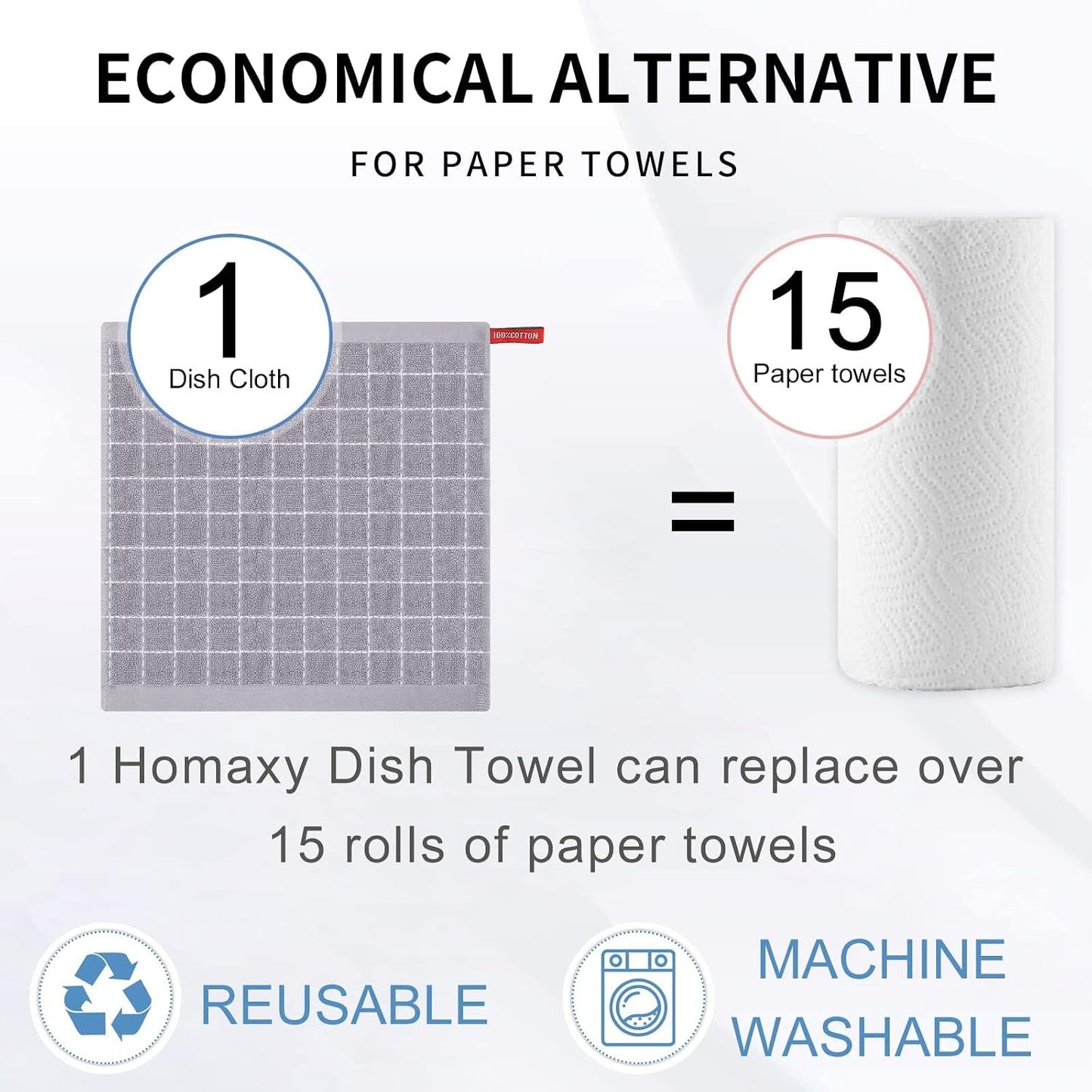 Homaxy 100% Cotton Terry Kitchen Dish Cloths, 12 Pack, Light Grey | Ultra Soft and Absorbent Dish Towels for Kitchen