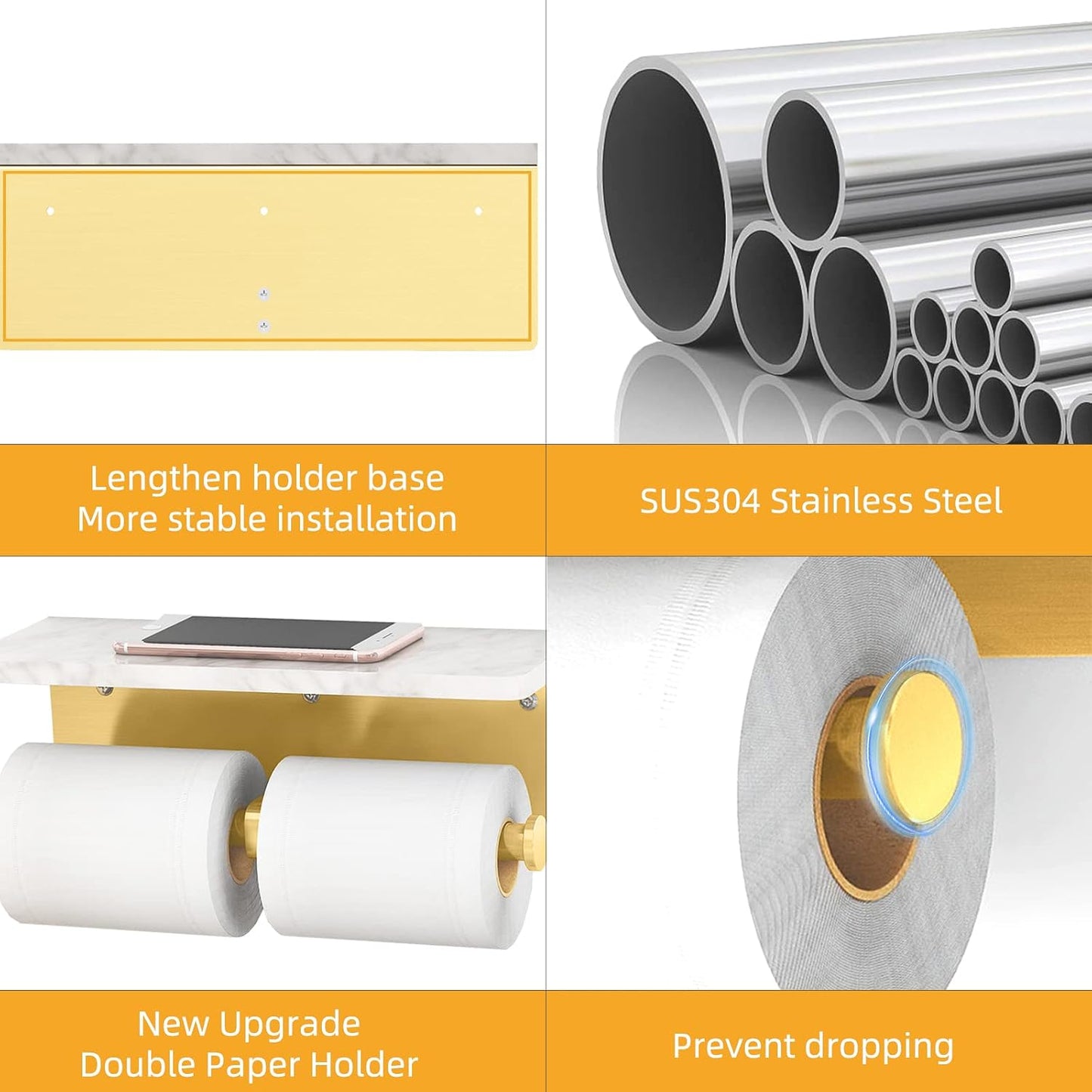Gypie Brushed Gold Toilet Paper Holder with Marble Shelf, Double Rolls | Toilet Paper Holder with Storage, Toilet Paper