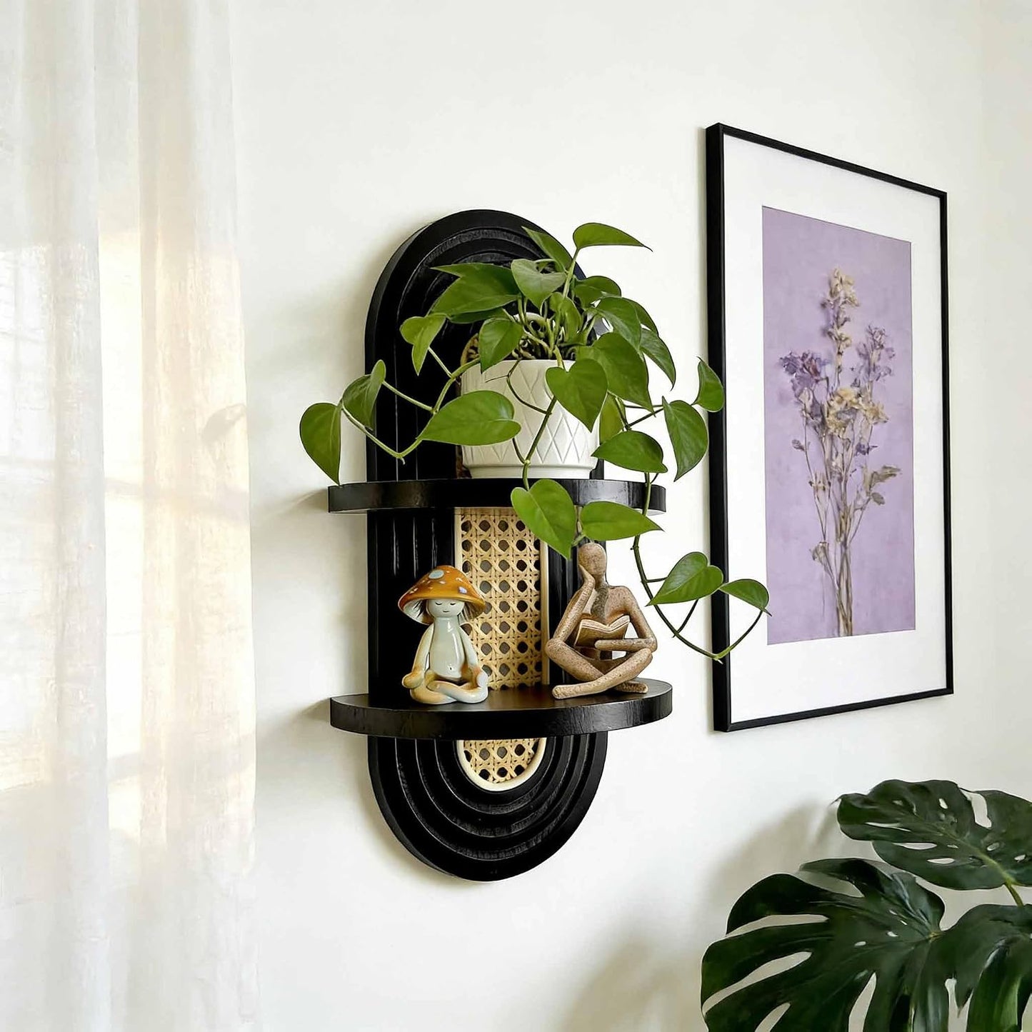 2-Tier Woven Rattan Floating Shelves / Black