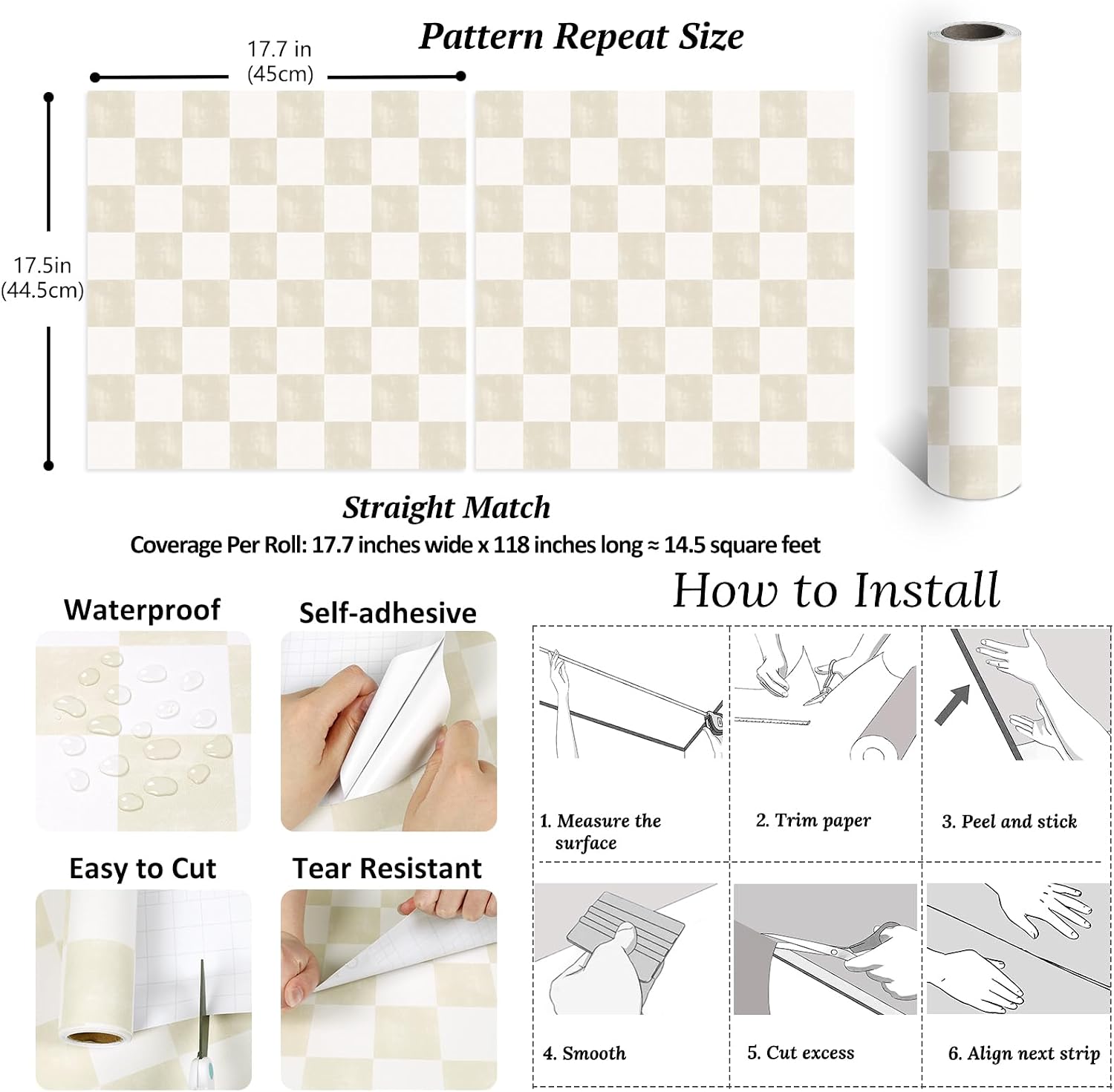 Neutral Beige Checkered Peel and Stick Wallpaper Cream Checkerboard / 17.7 x 118 / Cream Beige