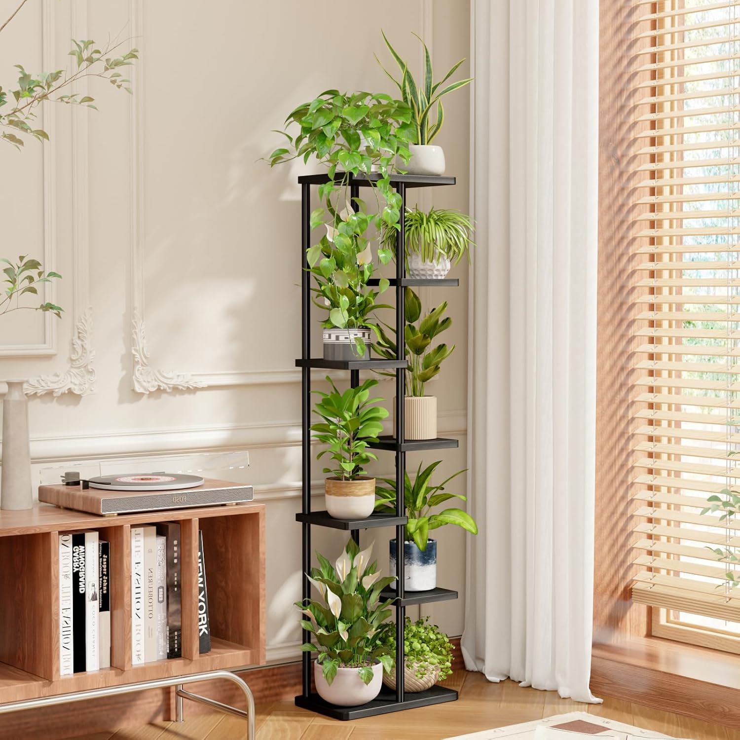 Bamworld Plant Stand 7 Tier Tall Corner Metal Shelf Black | Tiered shelf holds multiple plants while using vertical