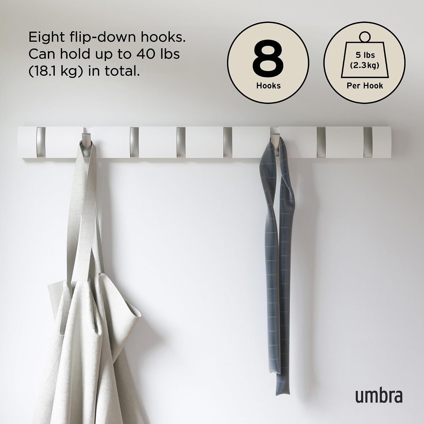 Umbra Flip Coat Rack, Wall Mount 8-Hook, Space Saving, White | Real wood and steel build, retractable hooks fold flat