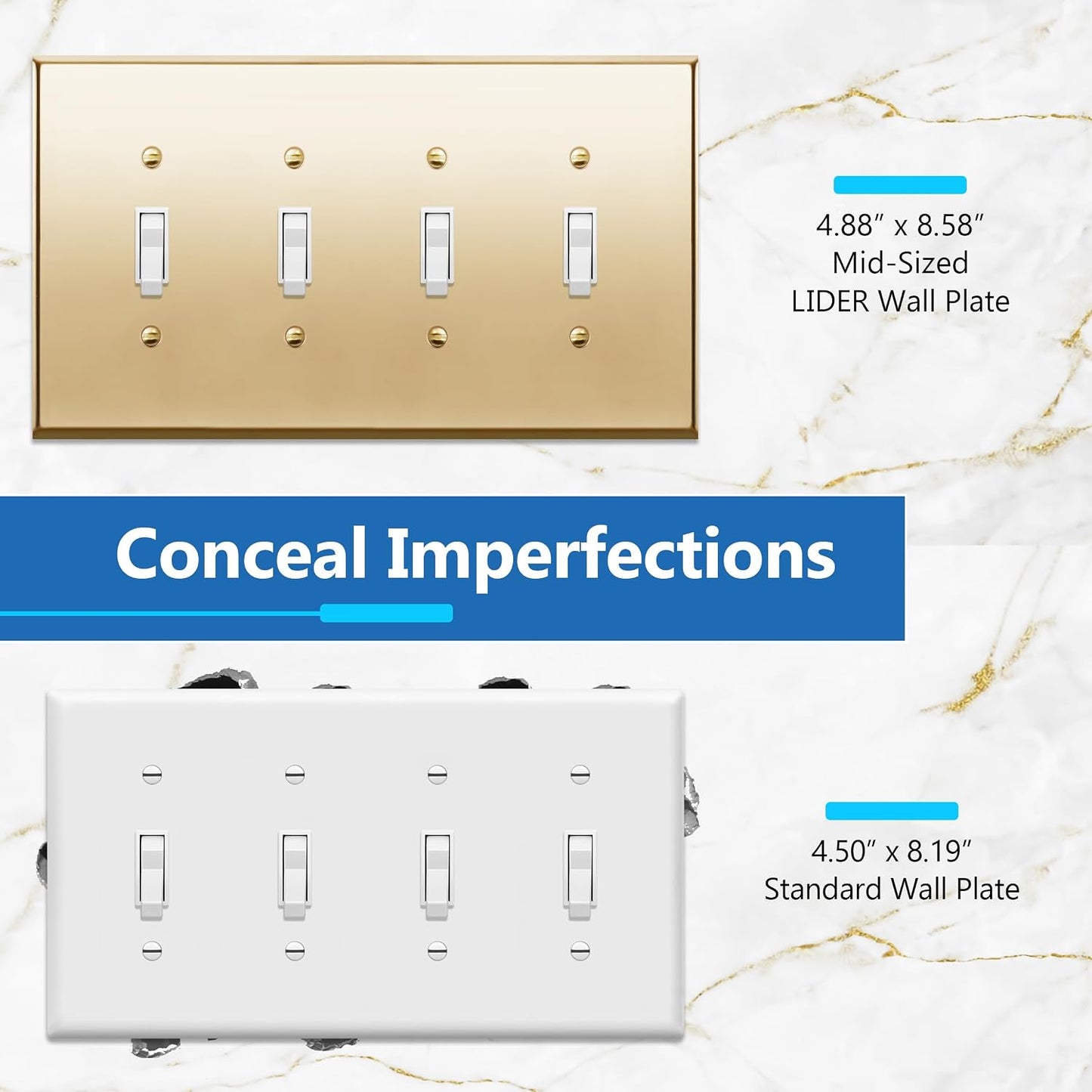 LIDER Toggle Light Switch Metal Wall Plate, Switch Cover, Mid-Size 4-Gang | Stainless Steel, Corrosion Resistant, UL