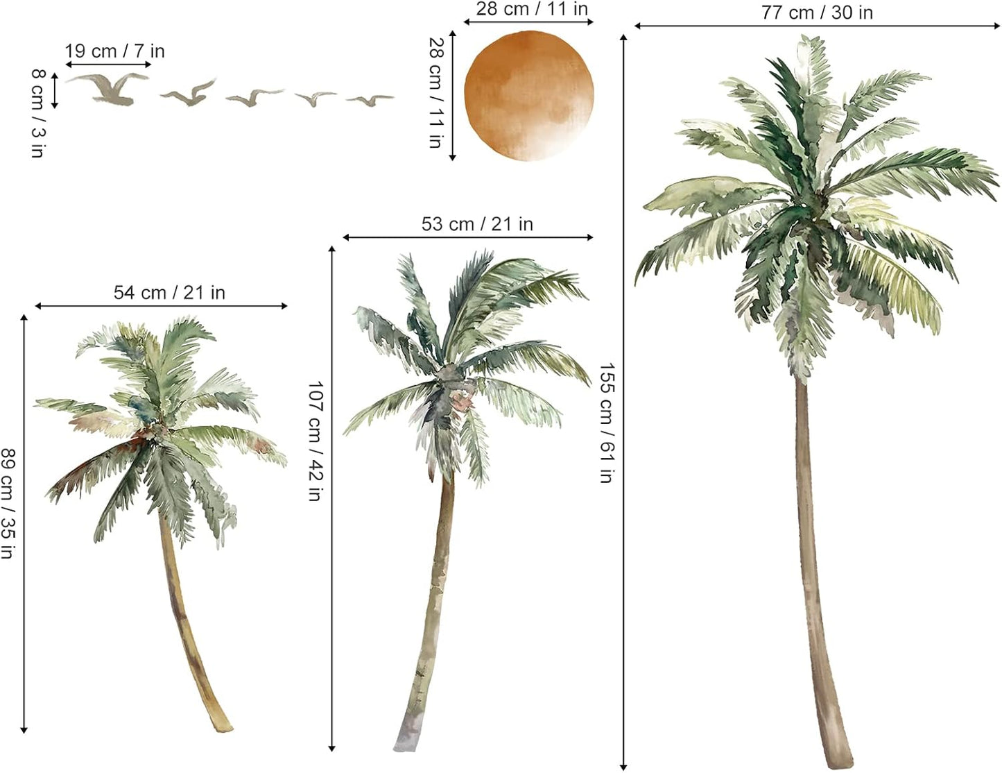 Boho Palm Tree Wall Stickers Large Tropical Tree Sunset Peel and Stick Wall Art Decals / A