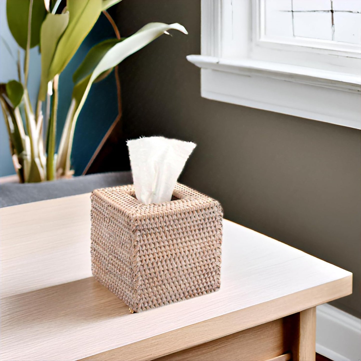 Wicker Tissue Box Holder / Whitewash
