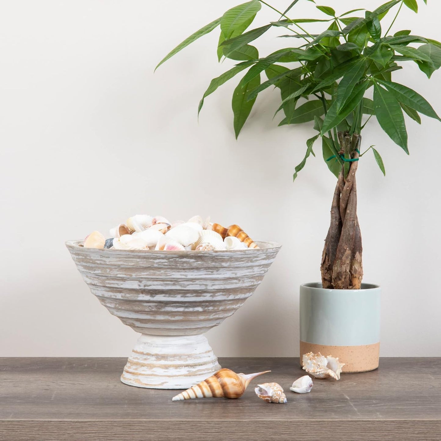 Boho Wood Pedestal Serving Bowl / 9-3/4" Round / White Wash