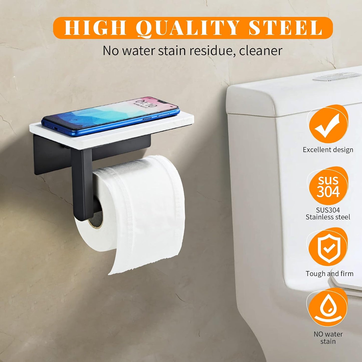 Matte Black Toilet Paper Holder with Marble-Look Shelf, Wall Mounted SUS304 Stainless Steel Toilet Roll Holder with