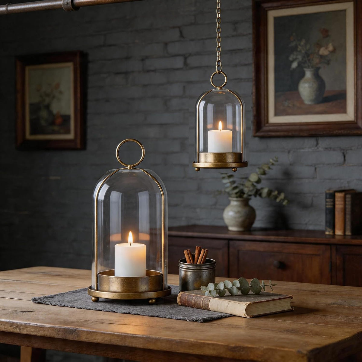 Metal Candle Holder,Hurricane Glass Candle Holders,Brass Base Dome Glass | 5""&4"" Handmade Pillar Candle Glass
