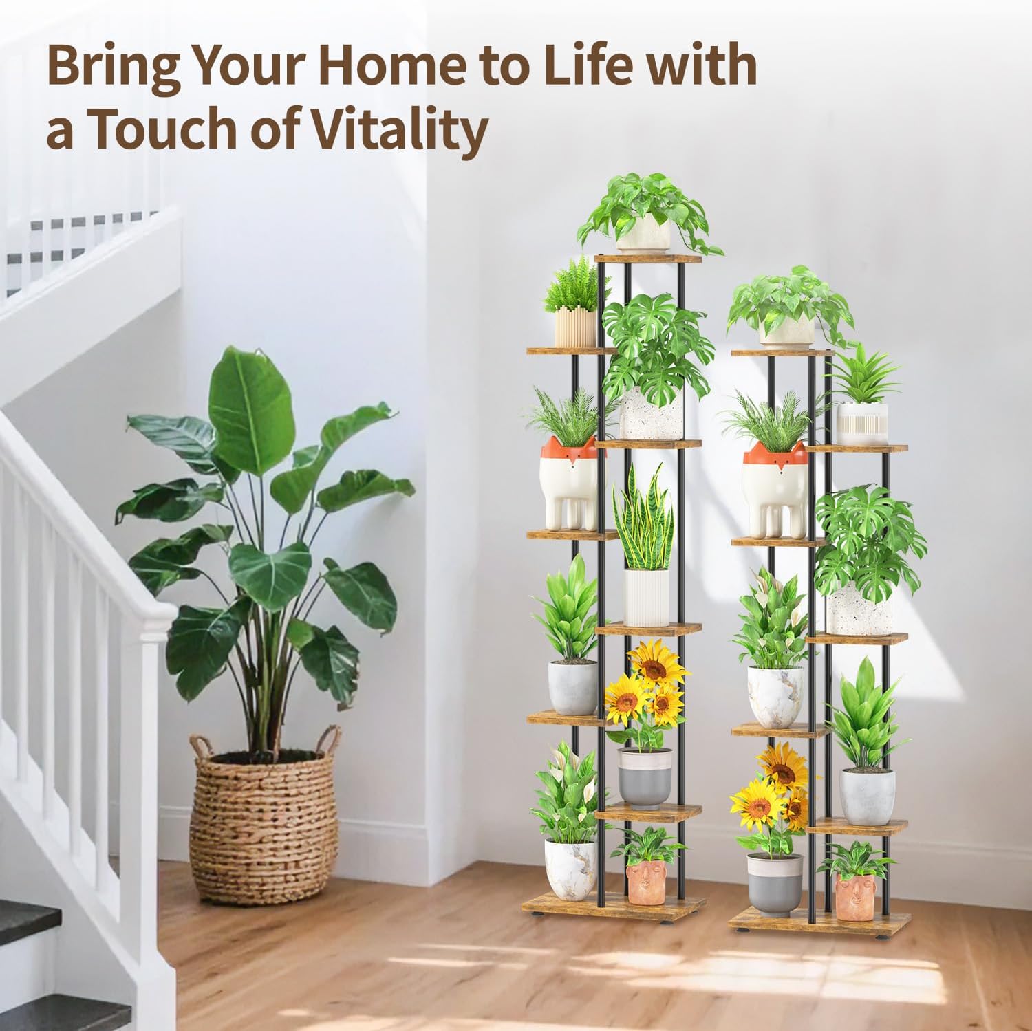 LASZOLA Plant Stand Shelf Tall for Indoor Corner, 7 Tier Wood Brown | Heavy Duty Multi Level Vertical Flower Rack for