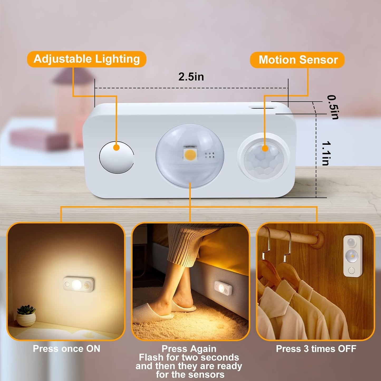 8 Pack LED Motion Sensor Puck Lights, Rechargeable Cabinet Lights, Wireless Under Cabinet Lighting, Dimmable Stick On