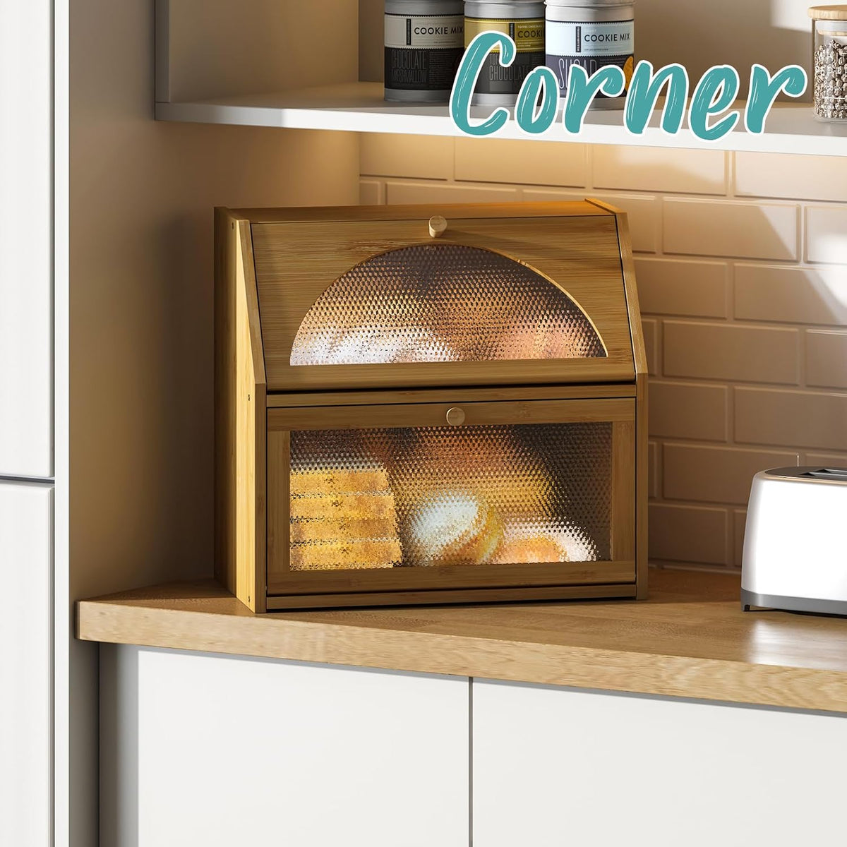 Extra Large Bread Box for Kitchen Counter, Bamboo Wood Double Layer Bread Box for Kitchen Counter, Wooden Capacity