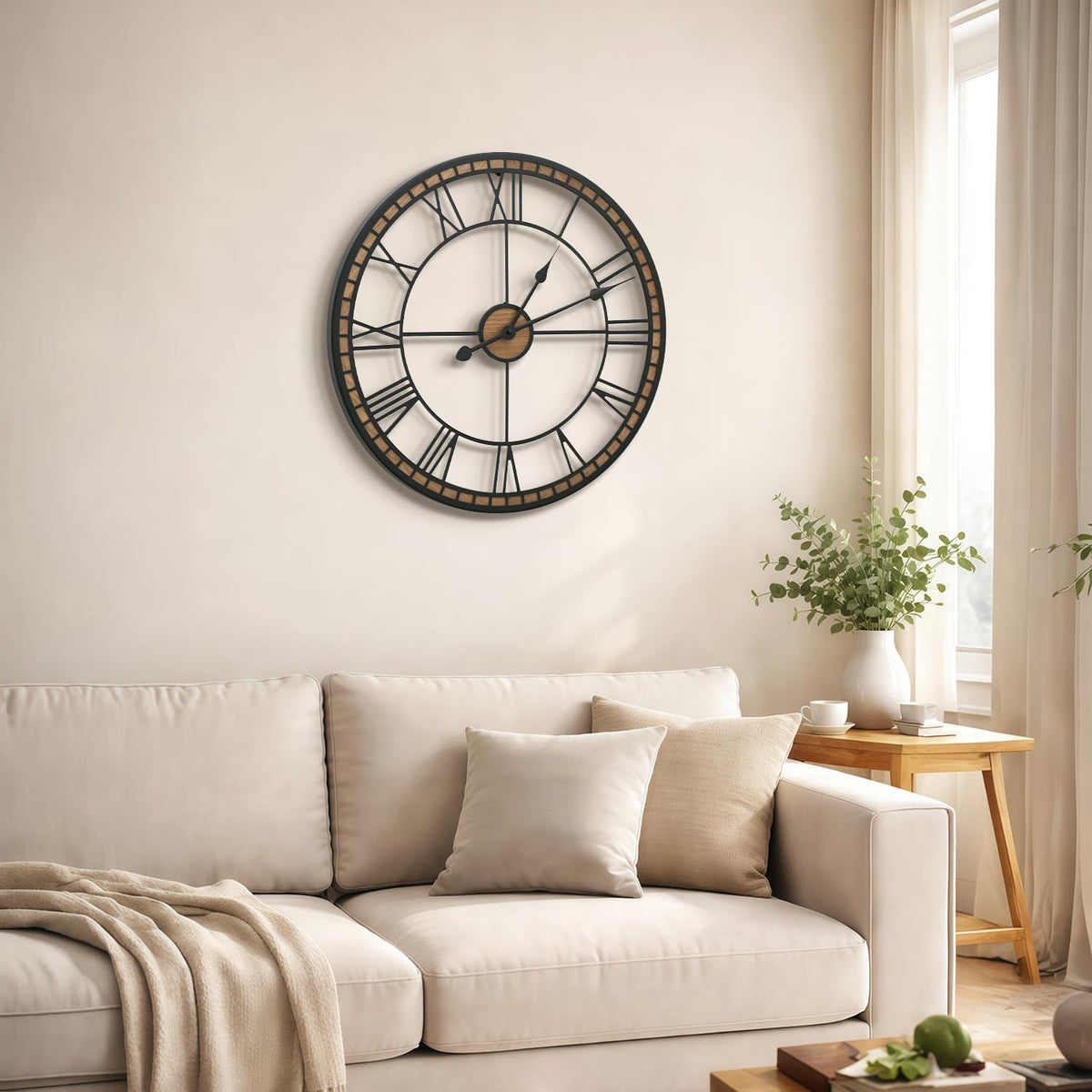 Micasso Decorative Wall Clock: 20 inch Modern Farmhouse Battery Operated | Black Metal with Wood Frame - Roman Numeral