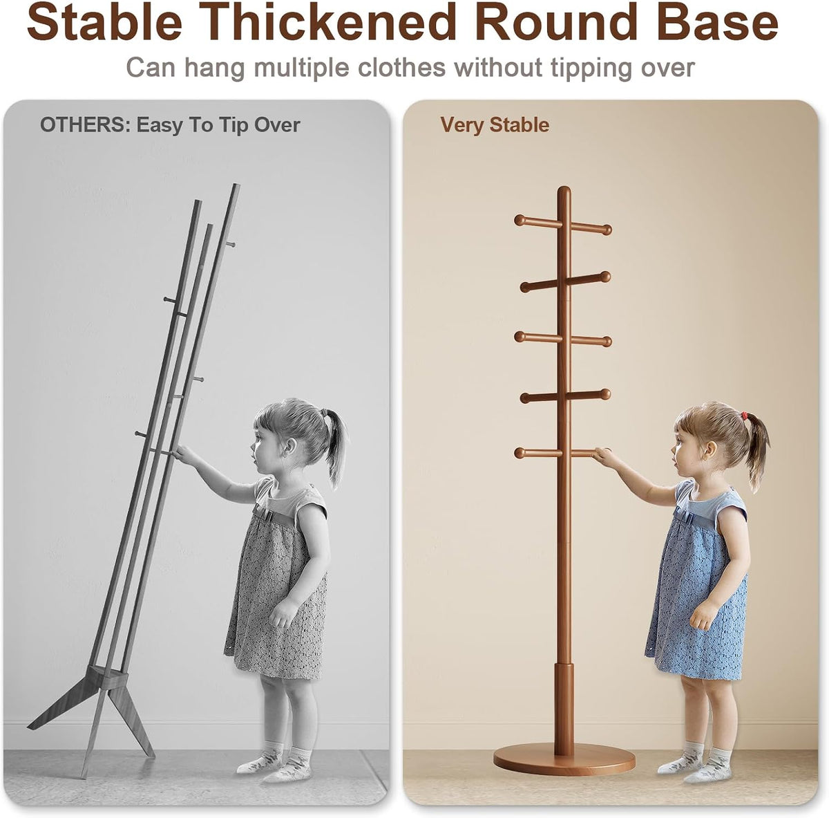 Solid Wood Coat Rack Freestanding with 10 Hooks, Coat tree freestanding 3 Adjustable Heights for coat, Hats, Handbags