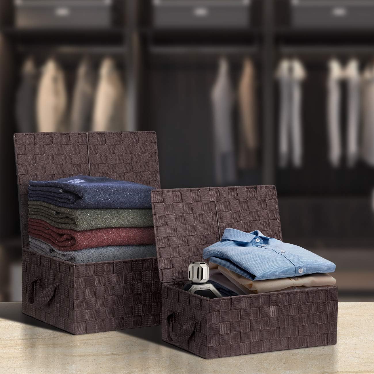 Linen Closet Organizers and Storage / Woven Lid Baskets - Chocolate / Set of 3