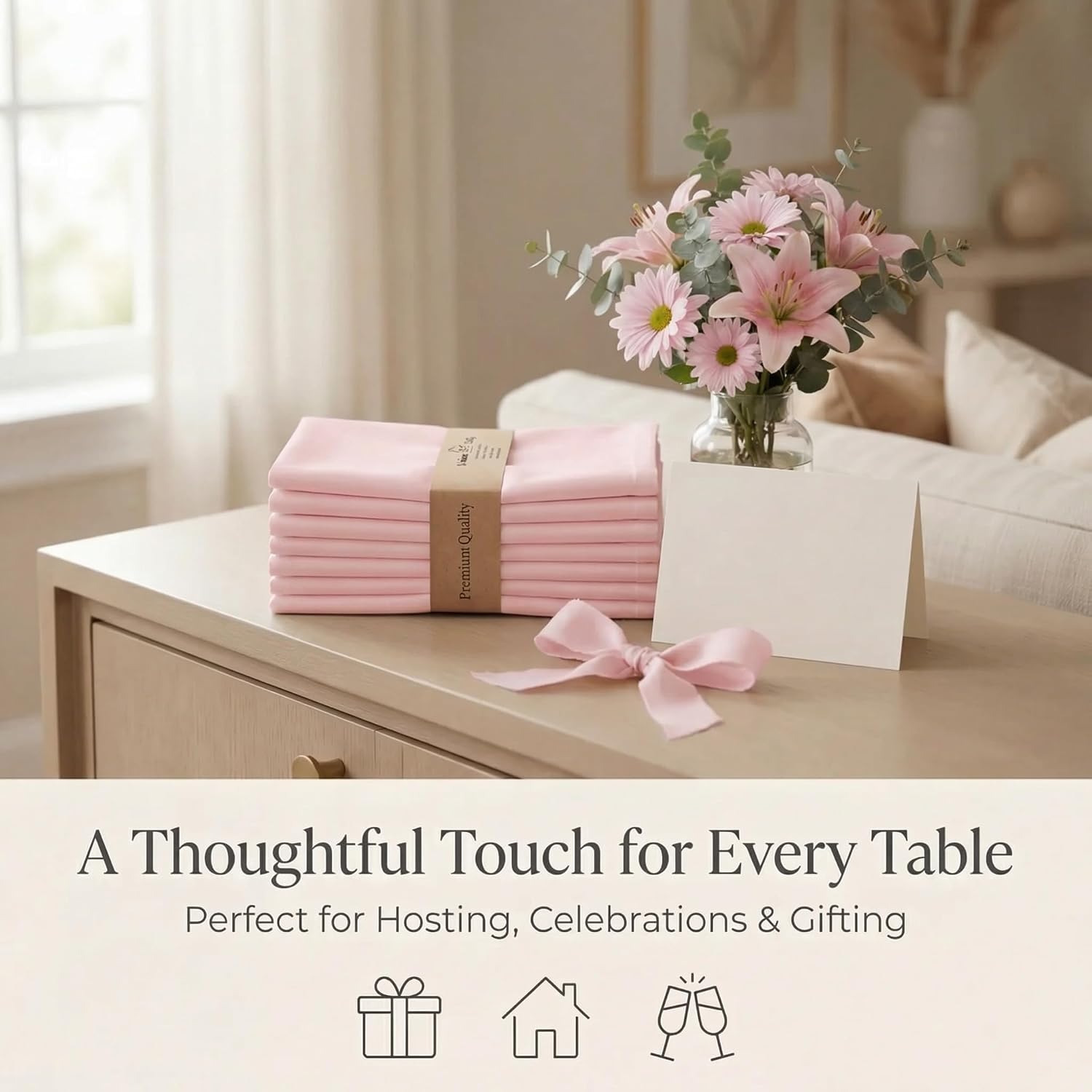 Urban Villa Hemstitch Cloth Dinner Napkins Cotton 20”x20” (Set of 12)-Pink