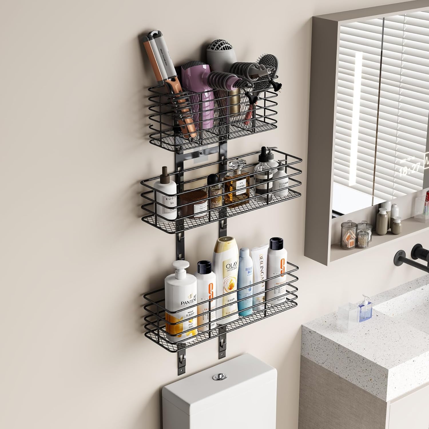 Yuyetuyo 5-Tier Over The Door Organizer Bathroom - Hair Dryer Holder - Hair Tool Organizer Adjustable Height, DIY