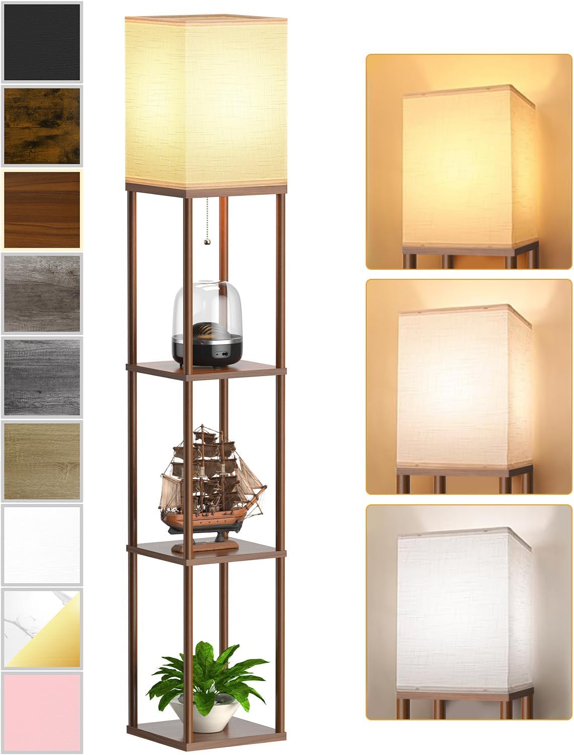 Floor Lamp with Shelves for Living Room Walnut Brown, Shelf Floor Lamp with 3 CCT LED Bulb, Corner Display Standing