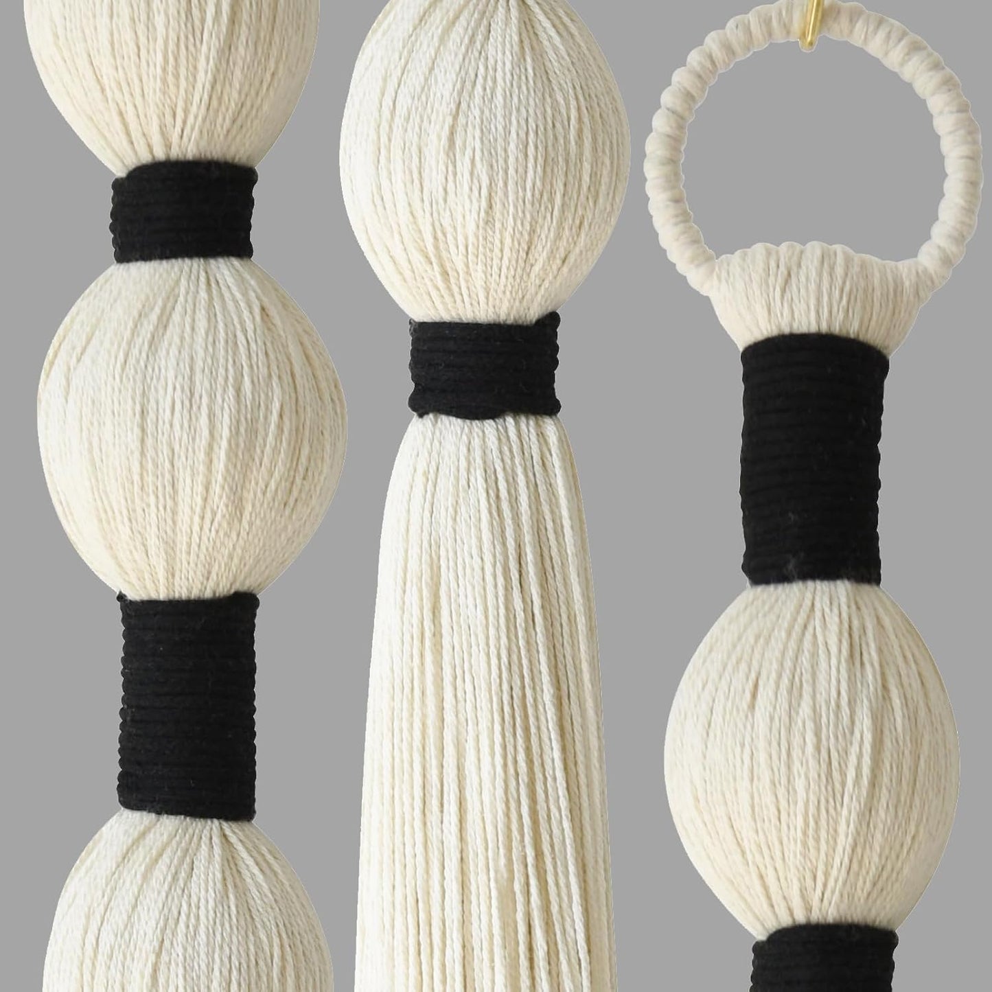Macrame Wall Hanging Boho Wall Decor Small Sphericity Cotton Textile Tassel / Ivory and Black