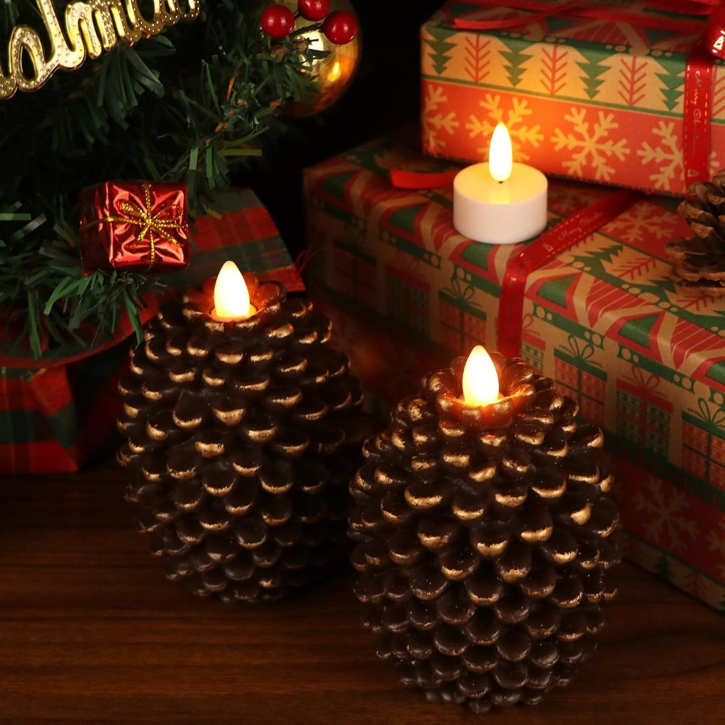 Wondise Flameless Candles with 6H Timer Battery Operated | Flickering Real Wax Pine Cone Candles for Holiday Christmas