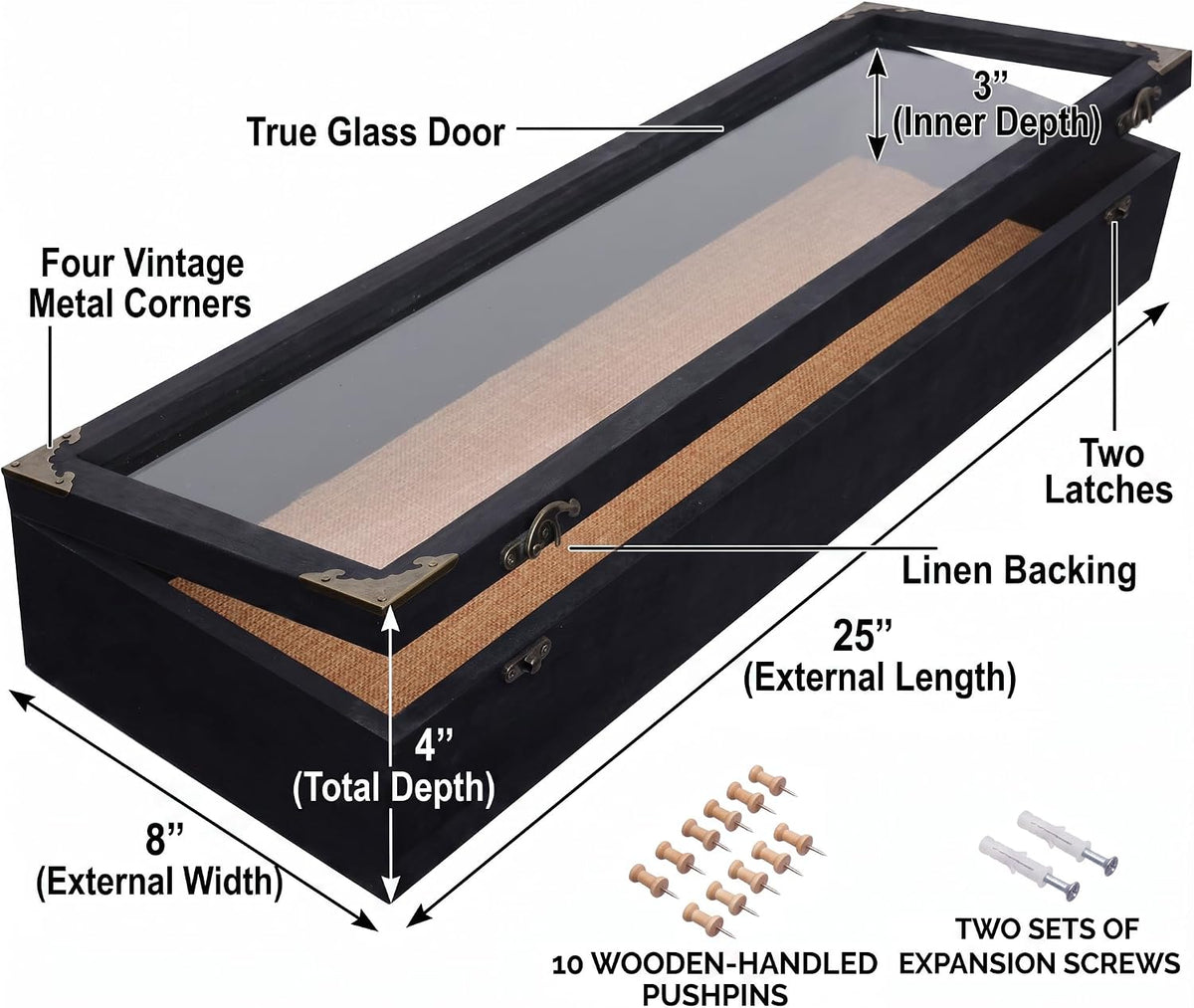 Long Deep Shadow Box Frame 8x25 with Real Glass Door, 4" Overall Depth Solid Wood Display Case, Horizontal or Vertical