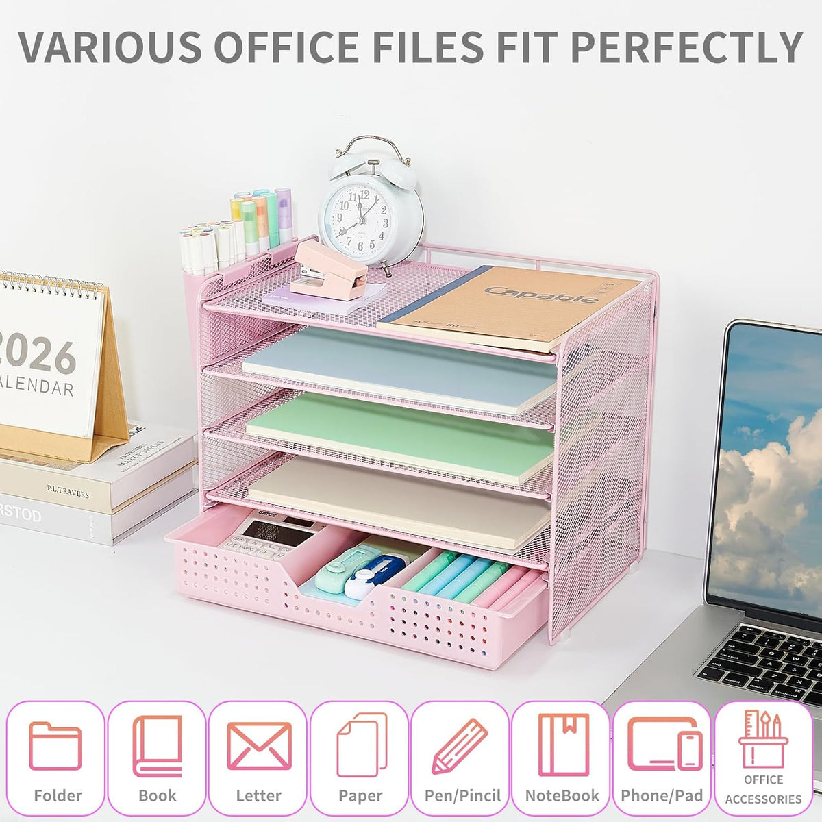 LEKETREE Desk Organizers and Accessories, 5-Tier Paper Letter Tray Organizer with Drawer & 2 Pen Holders, Desktop