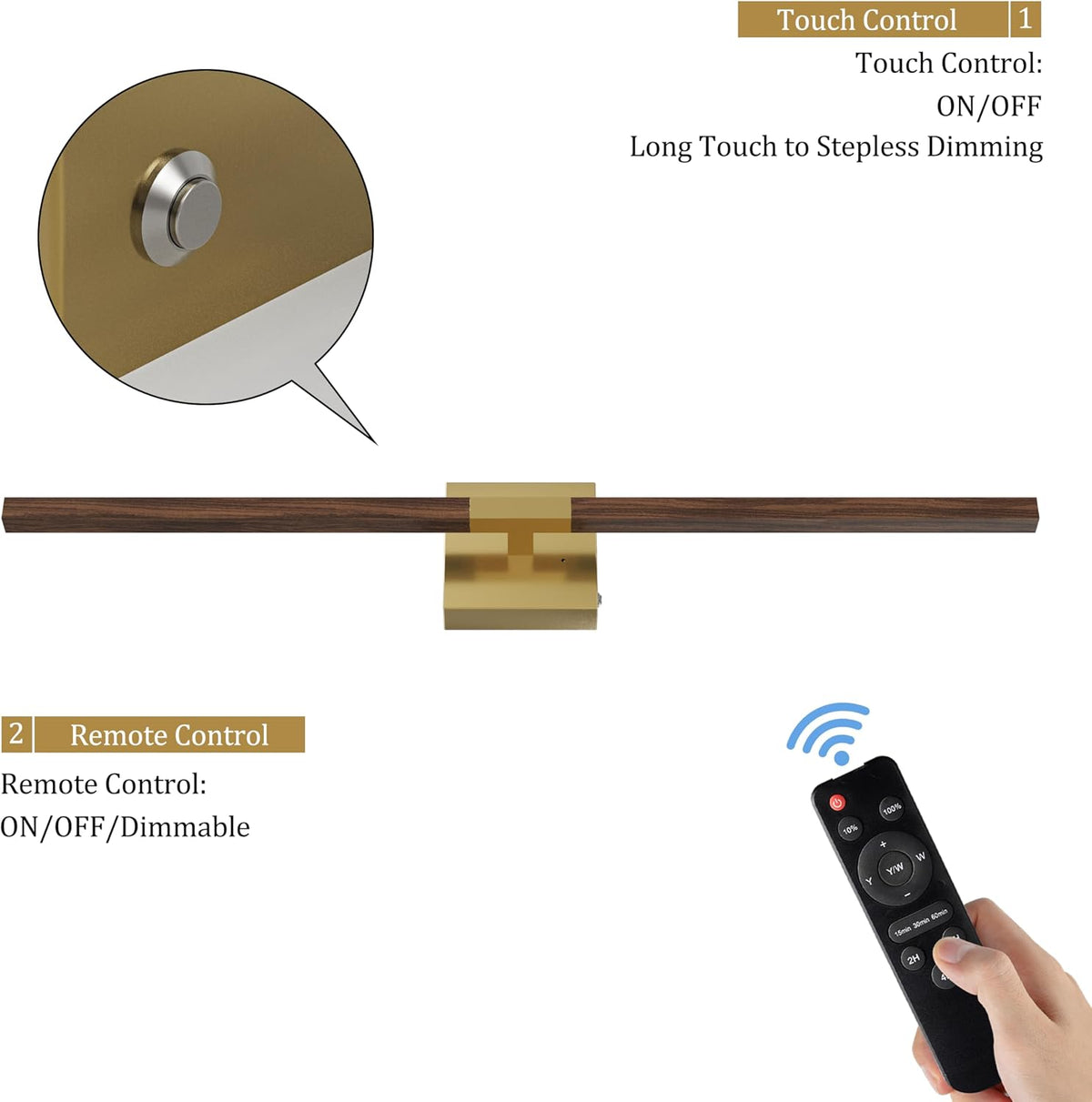 Rayogale Gold & Walnut Wireless Wall Sconce with Remote Control, 24 Inch | 3000/4500/6000K Dimmable 8000mAh
