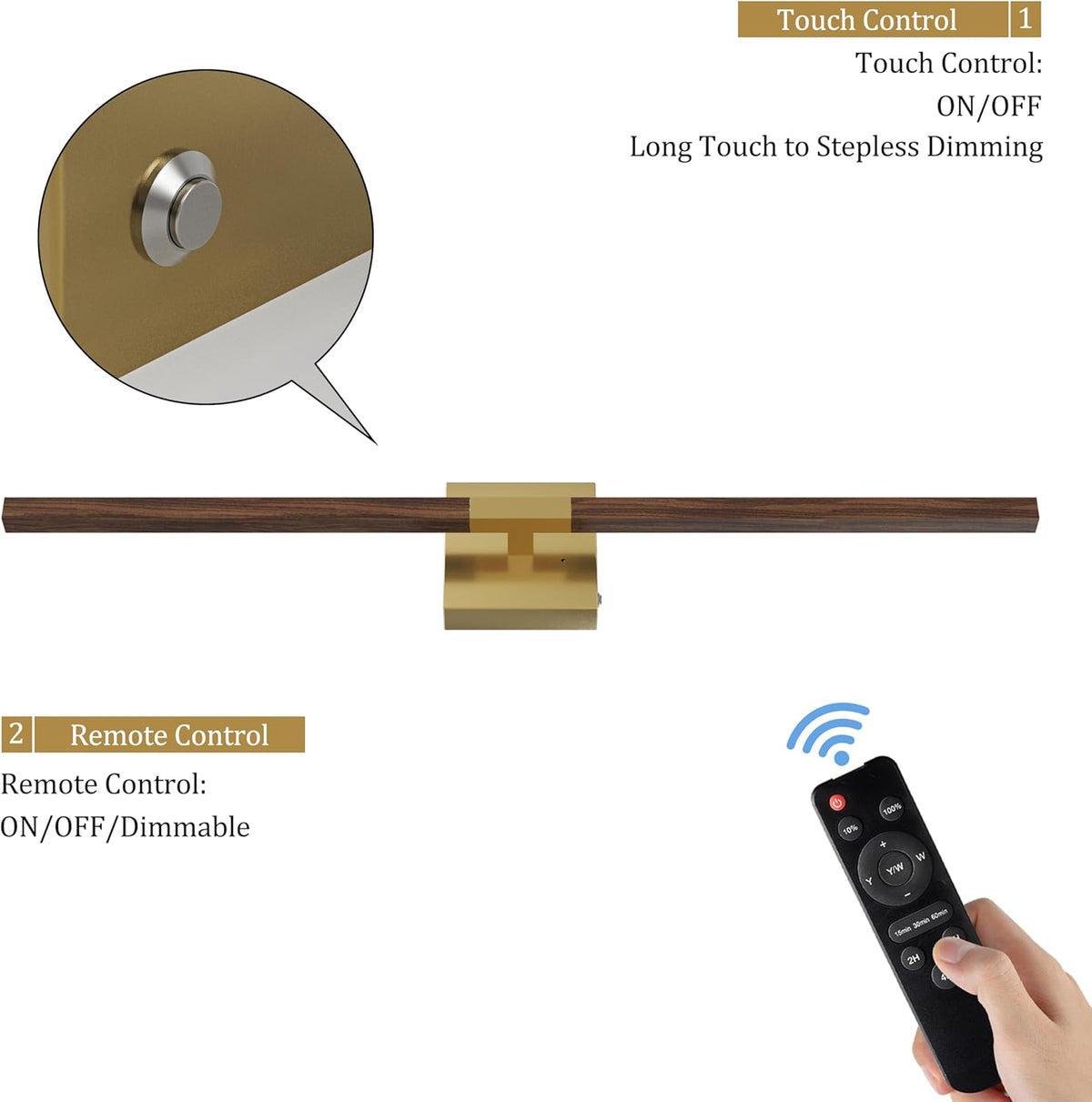 Rayogale Gold & Walnut Battery Operated Wall Sconce with Remote Control | 3000K-6000K Dimmable 8000mAh Wireless