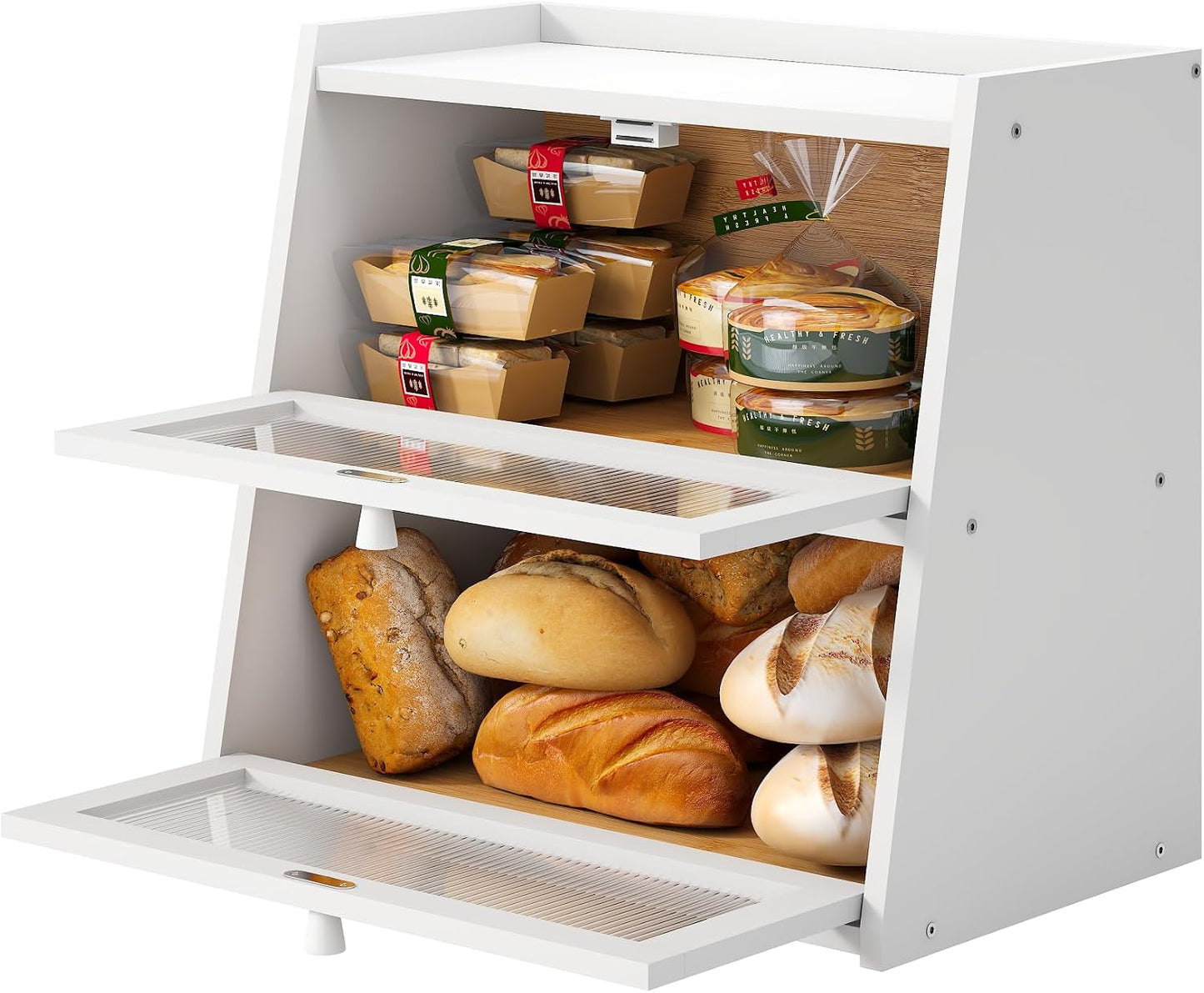 viewcare White Bread Box for Kitchen Counter, Large Bread Box With Cutting Board, Bamboo Wood Large Capacity Bread