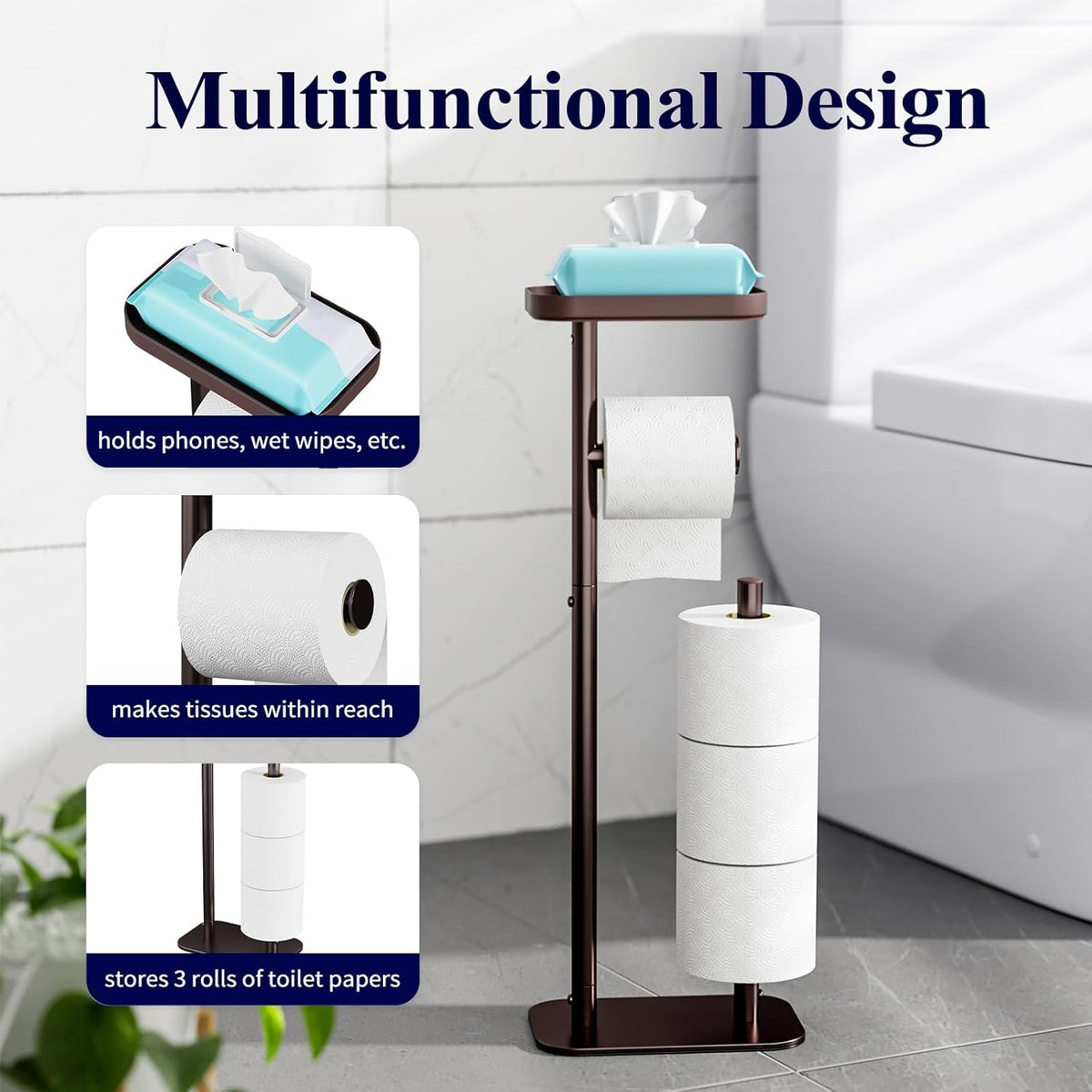 Kitsure Metal Toilet Paper Holder Free Standing, Medium, Brown | Rustproof Toilet Paper Stand for 4 Rolls, Bathroom