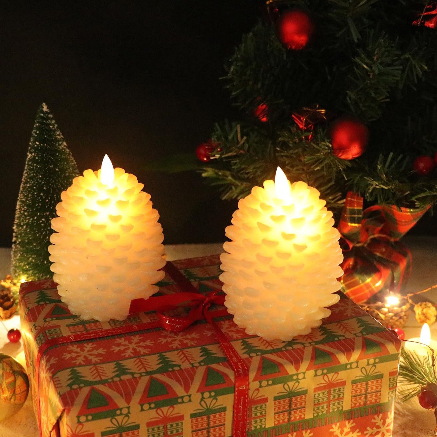 Wondise Pine Cone Flameless Flickering Candles with Remote and Timer | Real Wax Battery Operated Flickering LED Candles