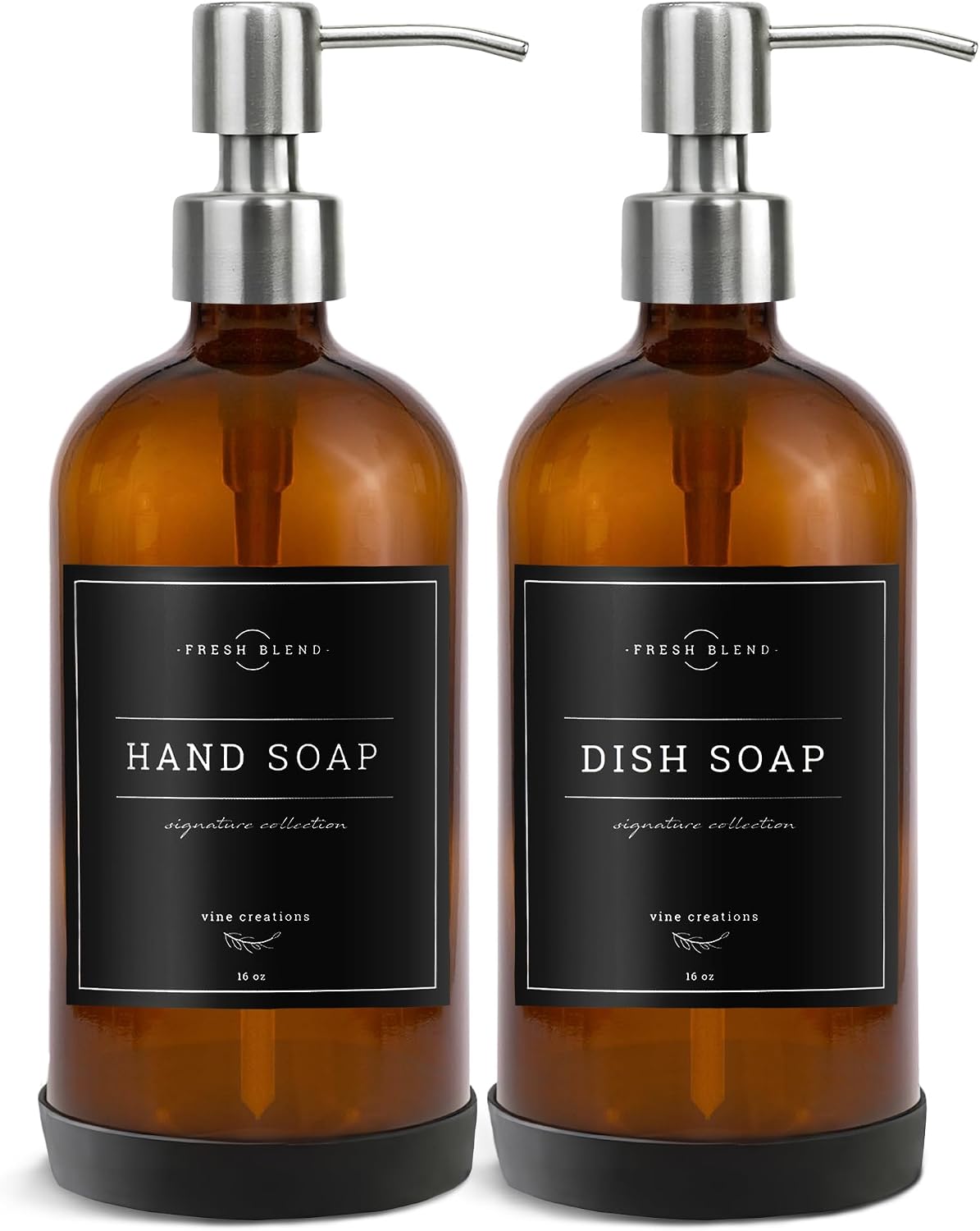 Vine Creations Amber Glass Soap Dispenser, 2 Pack Kitchen Soap Dispenser Set with Stainless Steel Pump, 16 oz Hand Soap