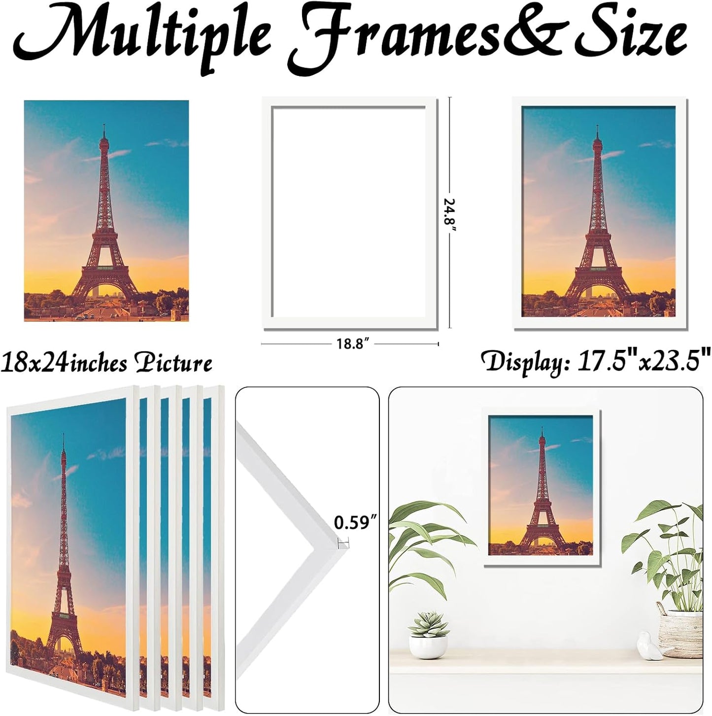 18x24 Picture Frame Set of 5, White Photo Frames for Gallery Wall Hanging | High-Clarity Clear Panel, Horizontal &