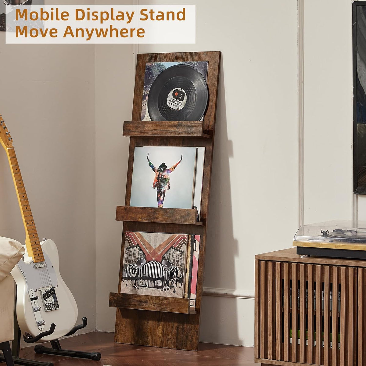 Wall-Leaning Vinyl Record Holder Set of 3 with 3 Tier Display Shelf, 47.5'' Tall Record Storage Magazine Holder, Vinlys