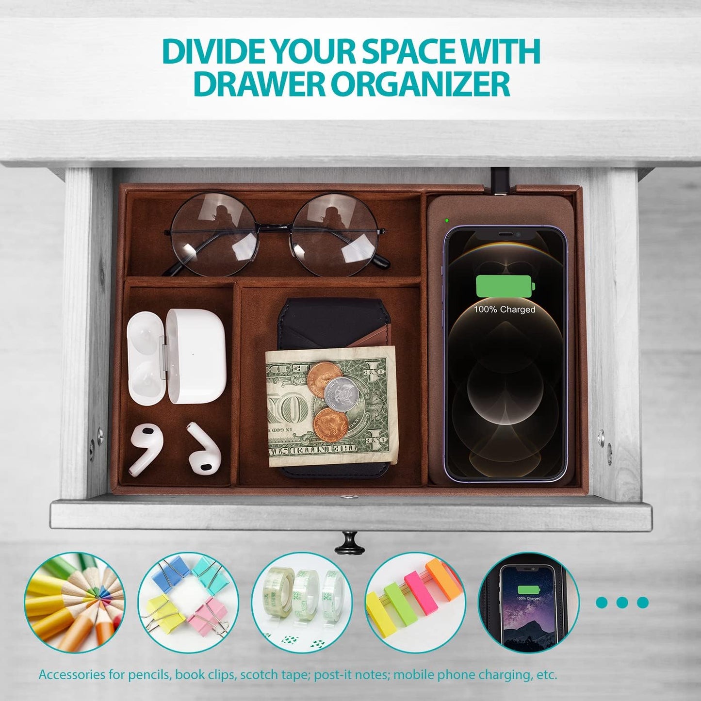 Valet Tray, Built in Wireless Charging Pad, Nightstand Organizer | Dresser Organizer, Mens Jewelry Box, Valet Charging