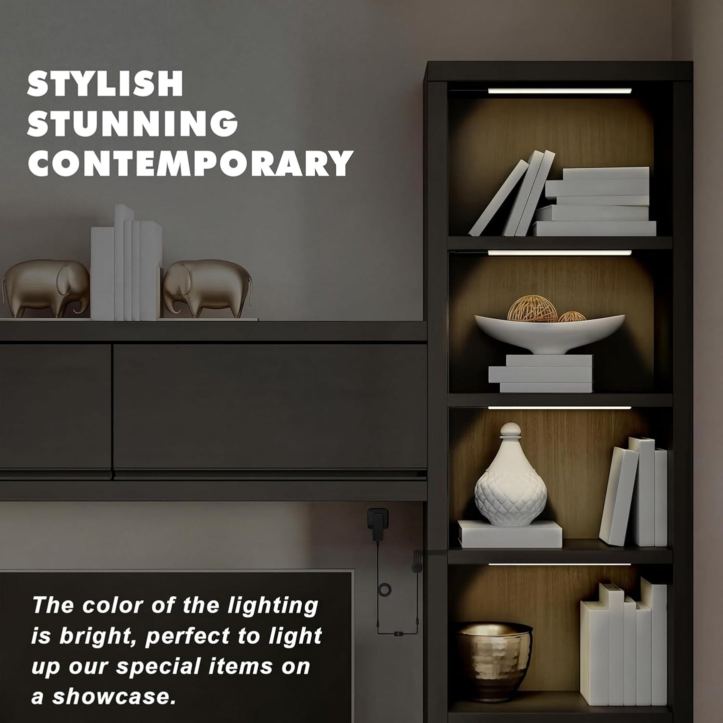 JUSJUBR Black LED Shelf Lights, Display Cabinet Lights with Memory Function, 4 Pack x12 Inch Display Lights for