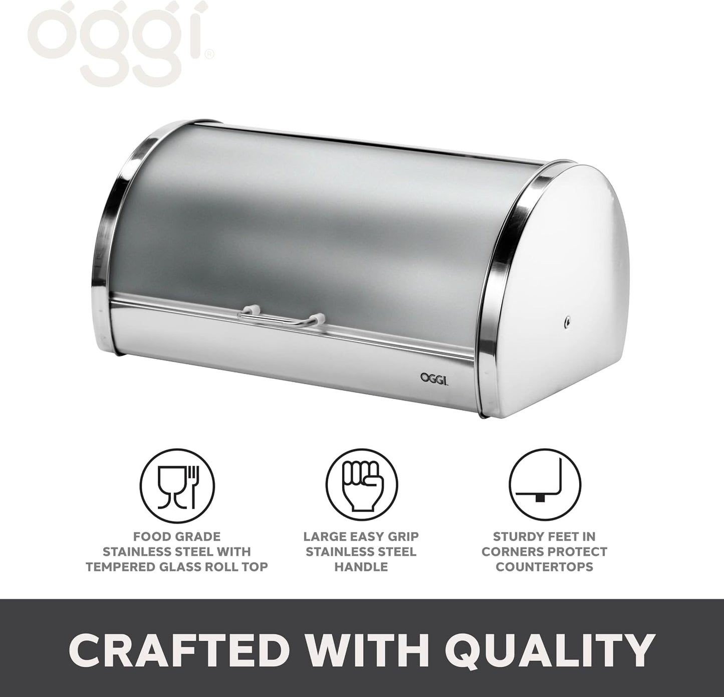 Oggi Stainless Steel Roll Top Bread Box for Kitchen Countertop with Frosted Plexilass Lid - Fits Multiple Loaves of