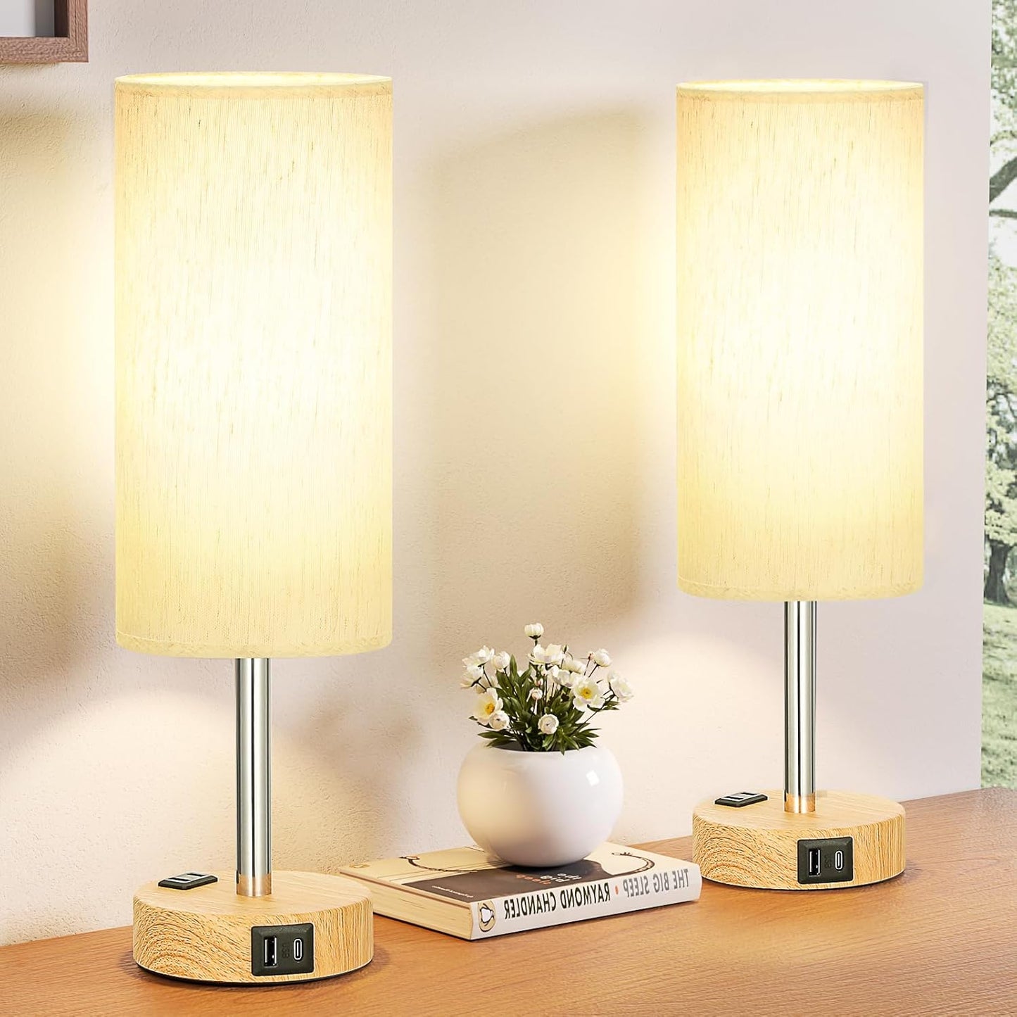 Fenmzee Bedside Table Lamp Set of 2 - Dimmable Touch, USB A+C, AC Outlet