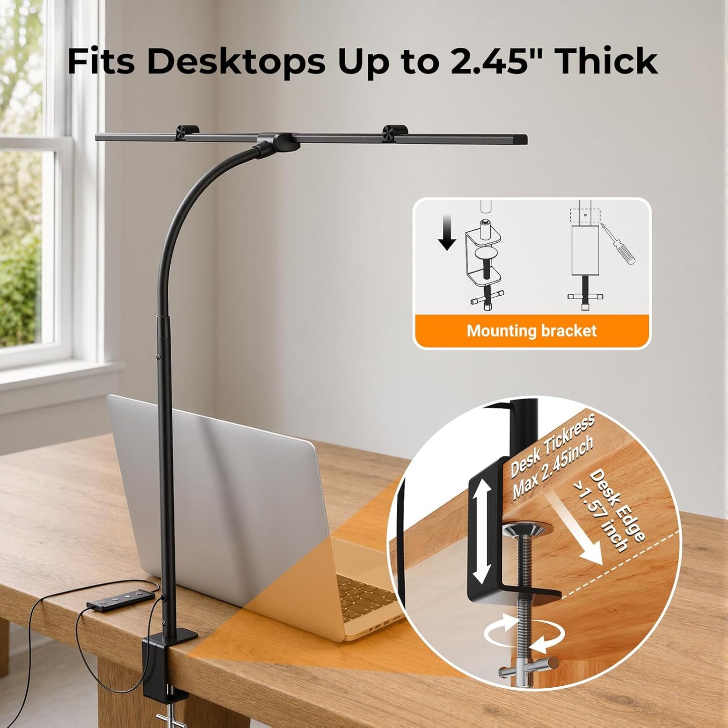 LED Desk Lamps for Home Office, Adjustable Swing Arm Desk Lamp with Clamp | Gooseneck Tall Clip on Desk Light for