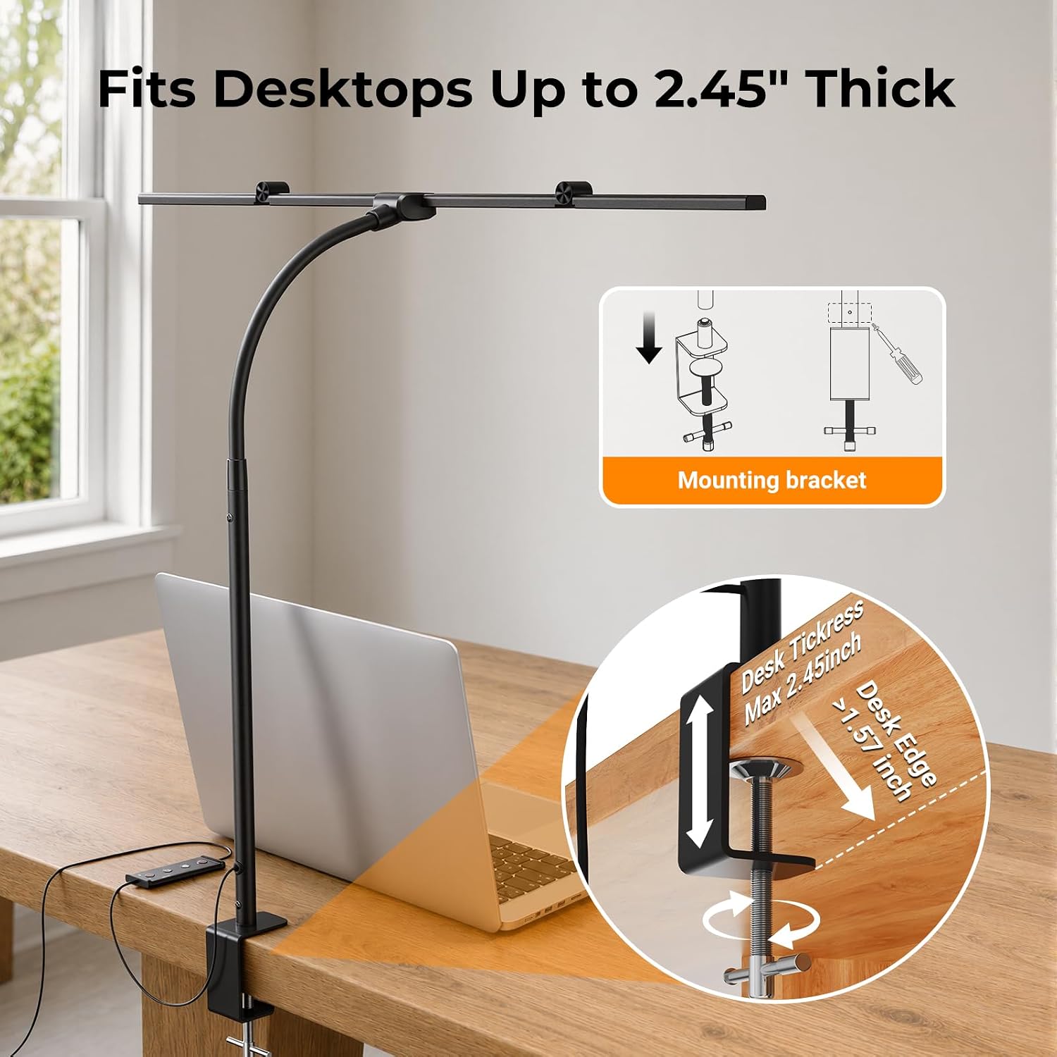 LED Desk Lamps for Home Office, Adjustable Swing Arm Desk Lamp with Clamp | Gooseneck Tall Clip on Desk Light for