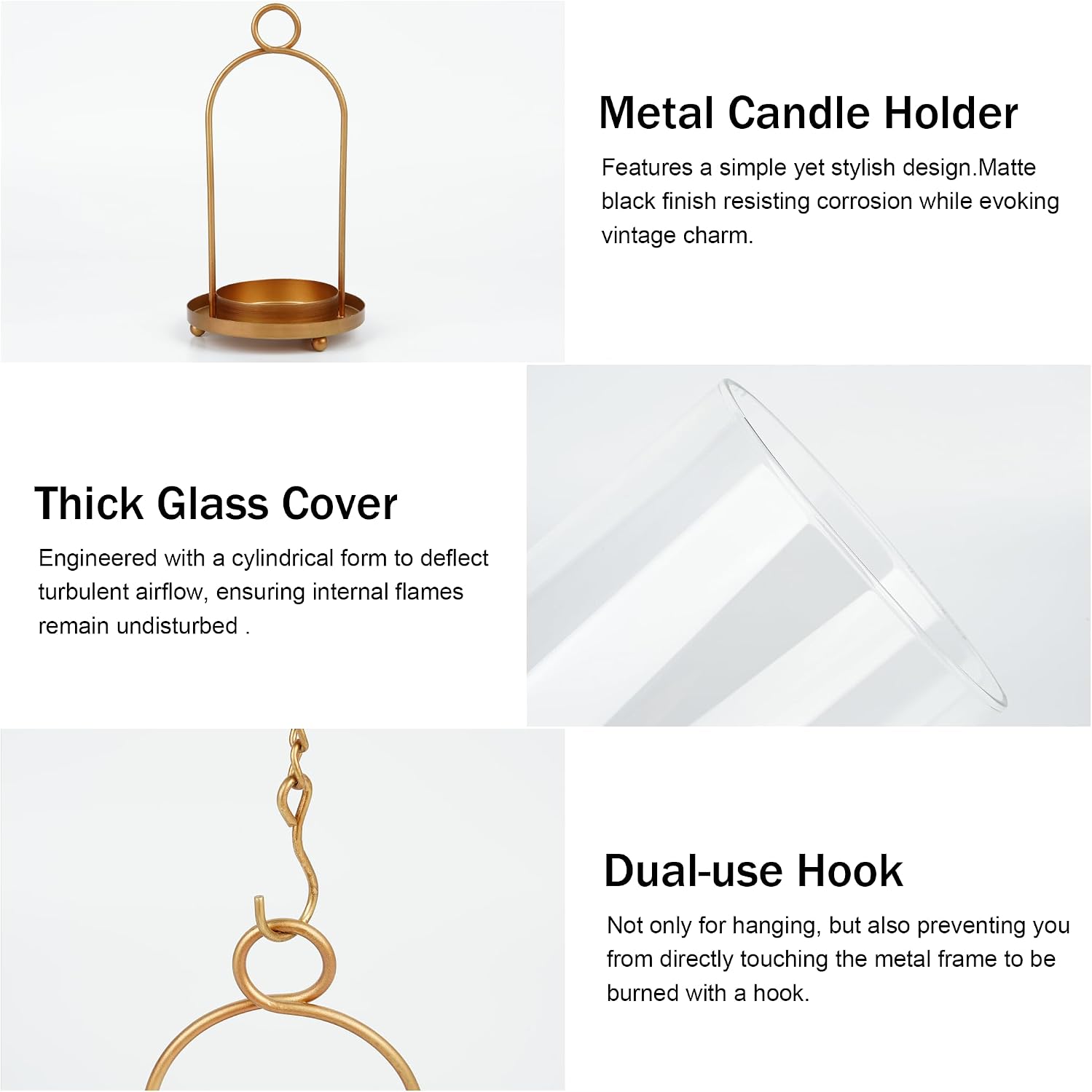 Glass Hurricane Candle Holder Decorative Golden Candle Lantern | Pillar Candlestick Holders Set of 2, Hanging Metal