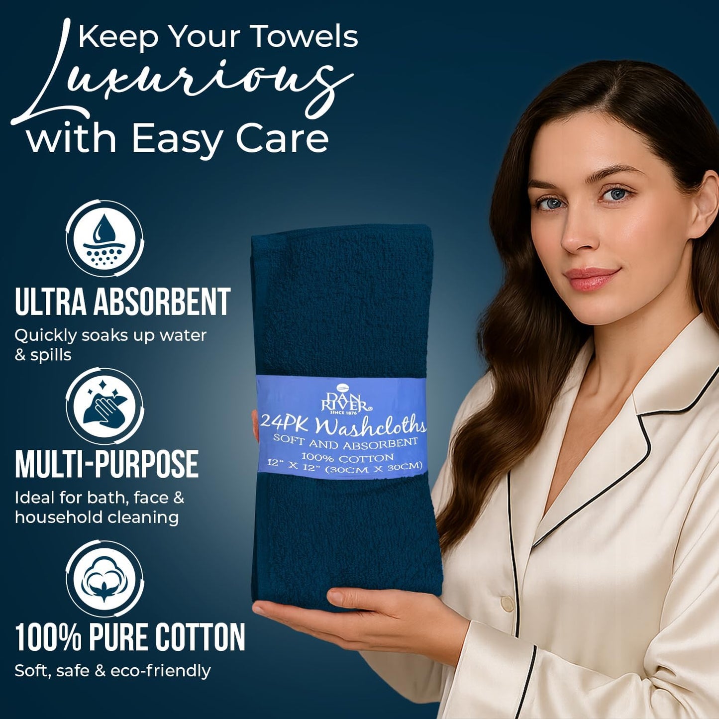 DAN RIVER 24 Pack Cotton Wash Cloths Set for Showering [12x12] Blue Opal | Lighter Weight, Quick to Dry, Super Soft &