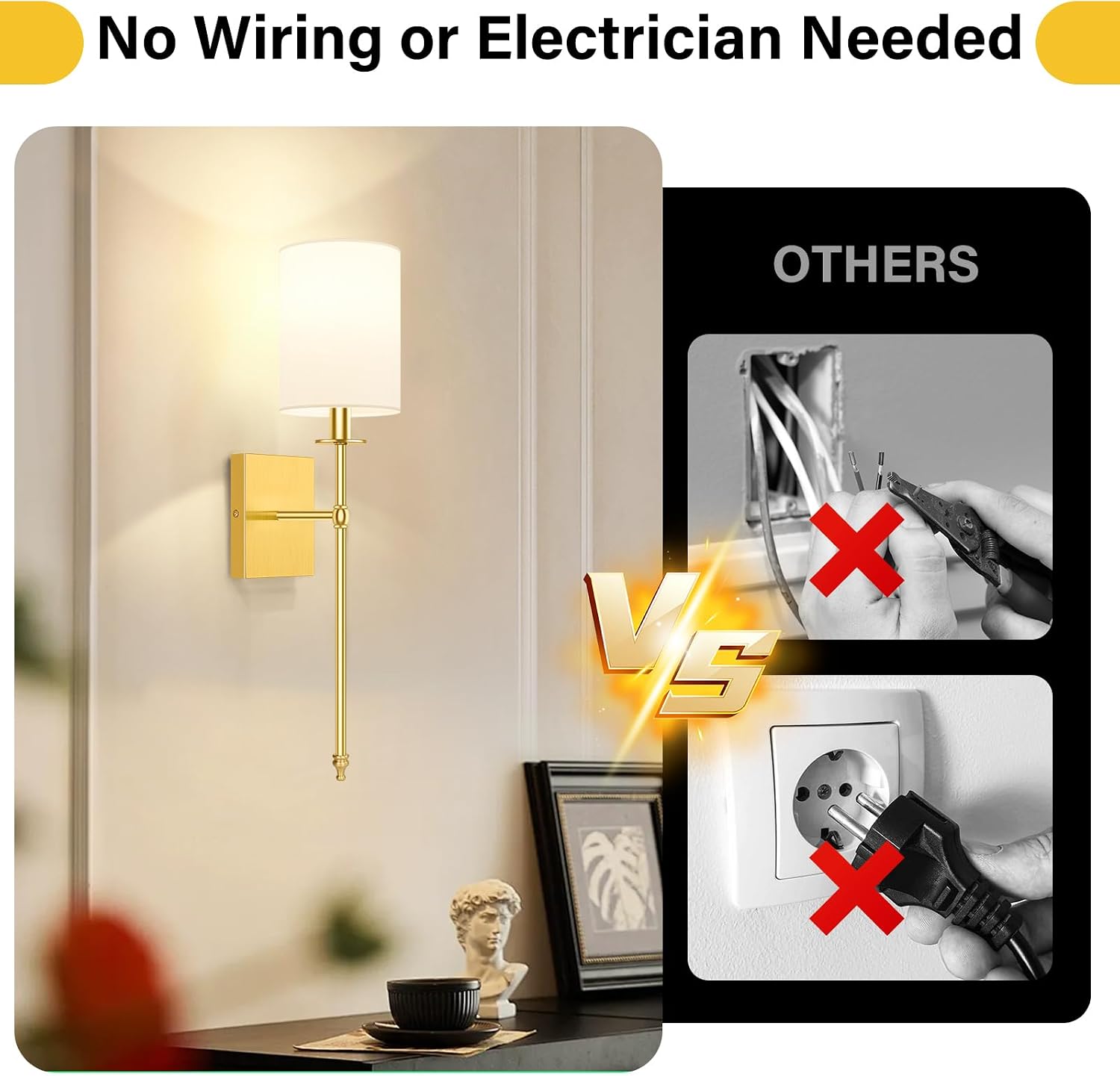 Battery Operated Wall Sconces Set of 2, Rechargeable Sconces with Remote | Gold Wall Lights with White Fabric Shade
