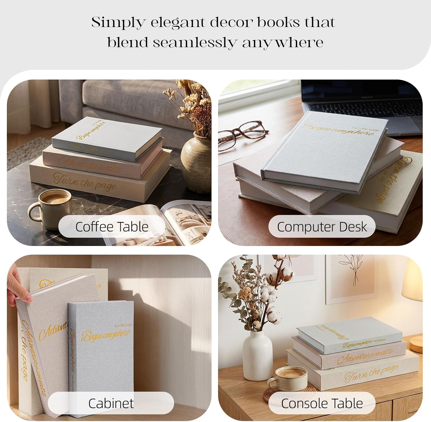 Linen Faux Books / Beige-lotus Pink-blue Gray / Set of 3