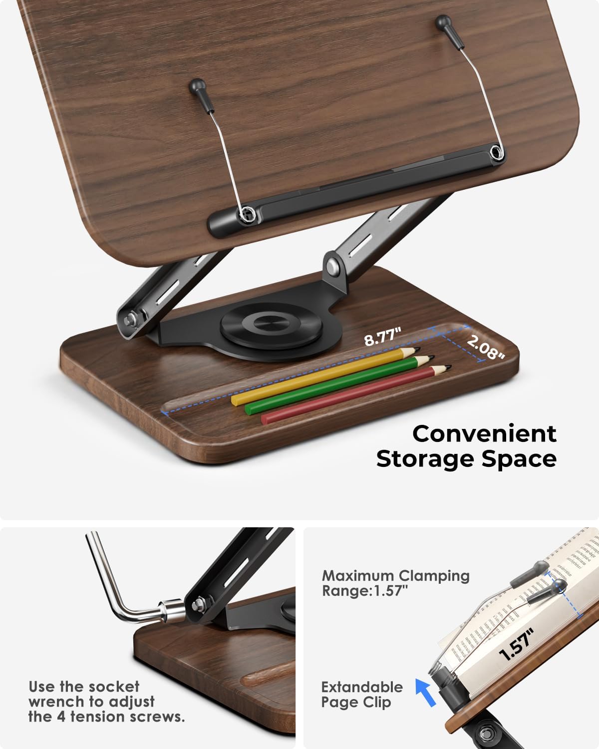 Viozon Book Stand for Reading, Book Holder 360° Rotating Base with Pen Slot, Foldable Reading Display Stand with